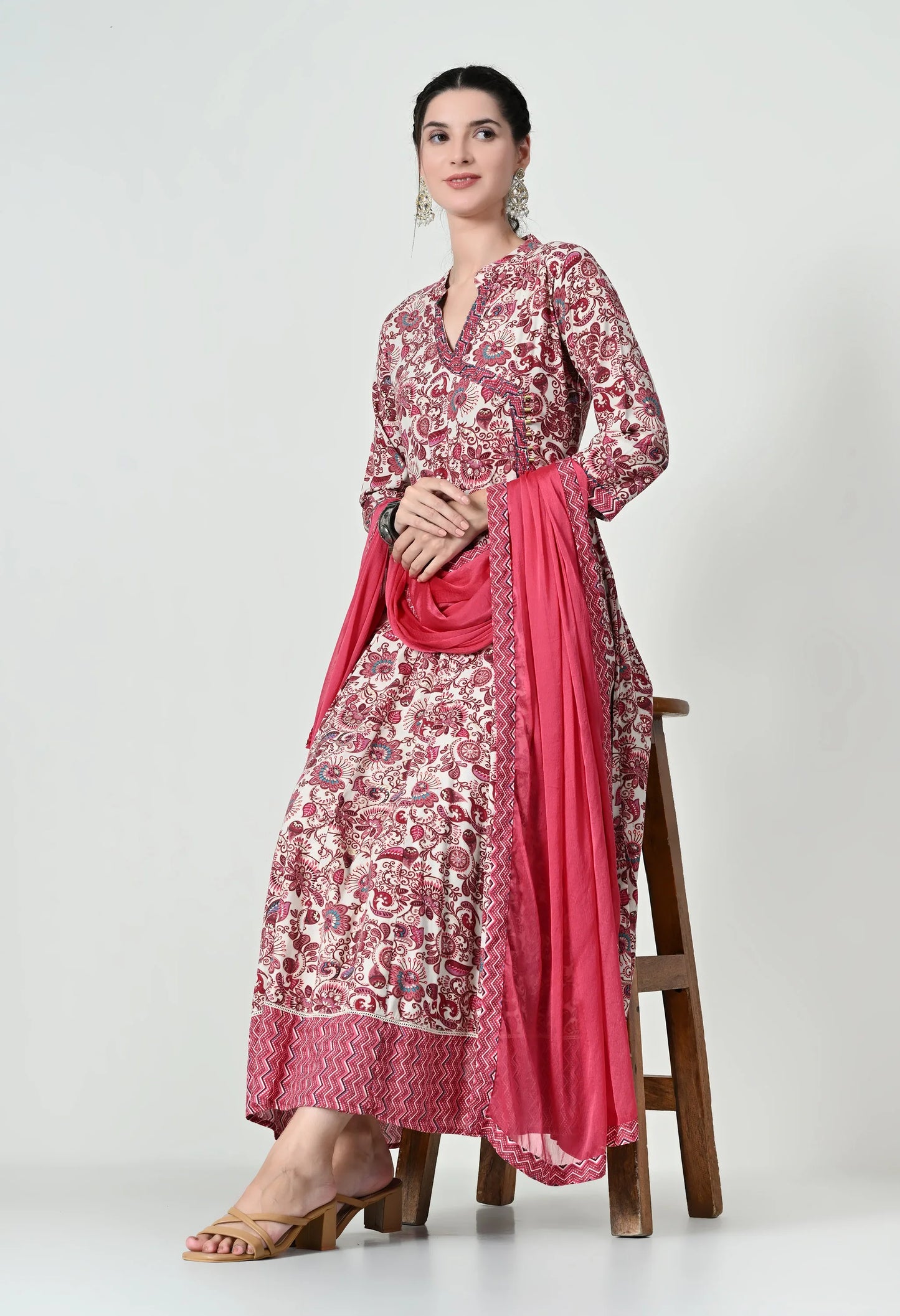 MAURYA Women's Coral Colour Rayon Hand Work Anarkali Fancy Kurta Set with Dupatta (WMKS006)