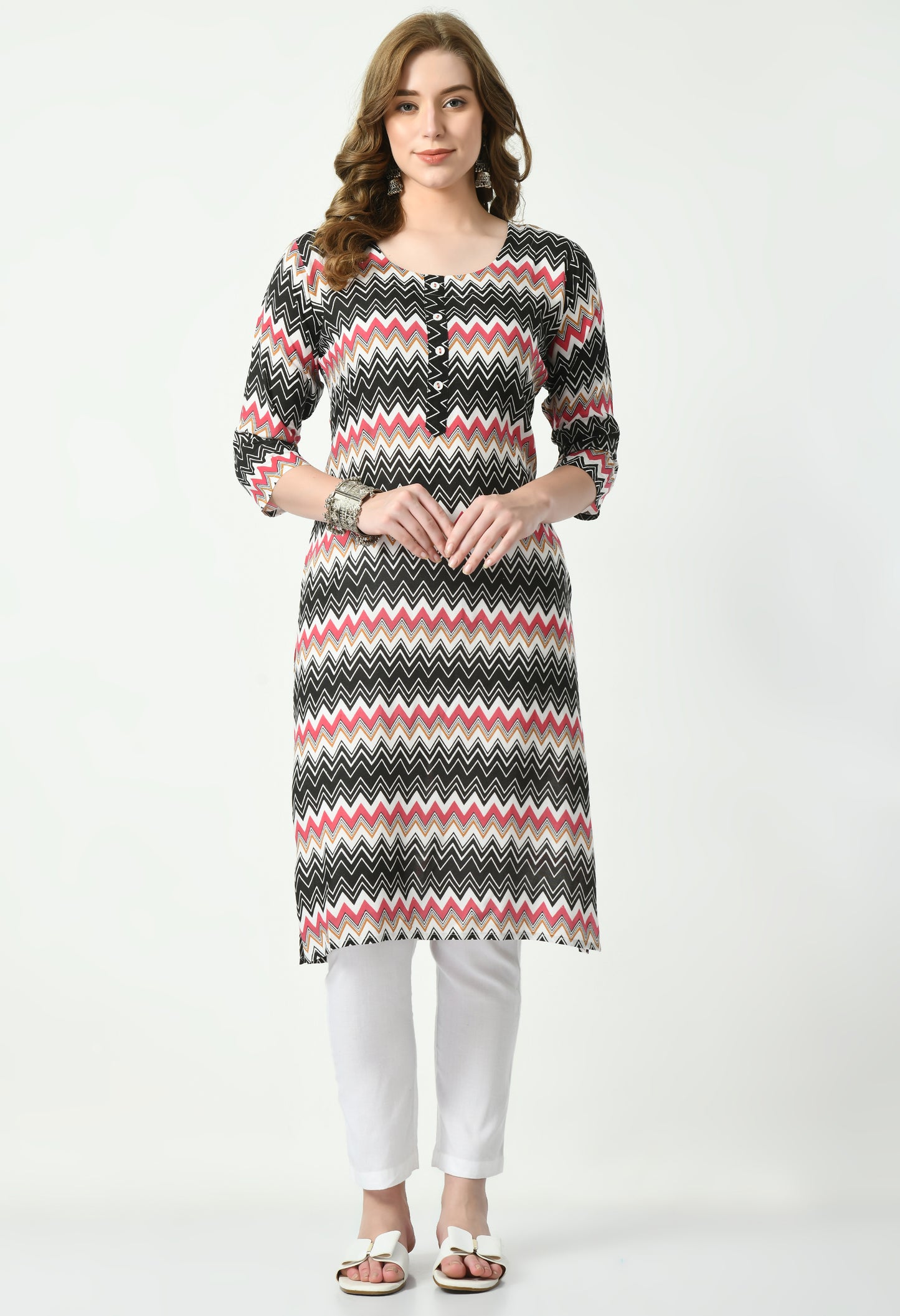 MAURYA Women's Rayon Pink Color Zig-Zag Print Calf Length Straight Kurta with Buttons (MKT090)