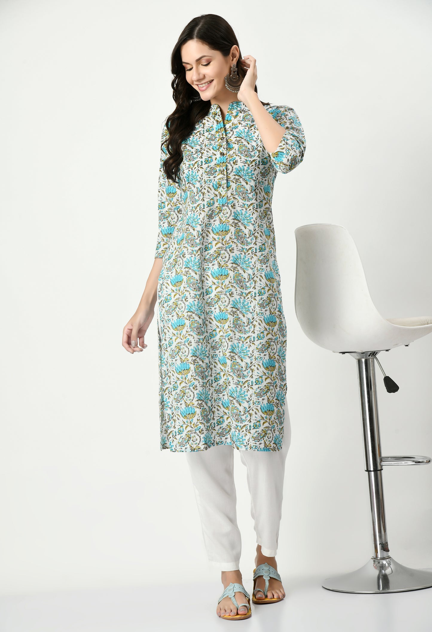 MAURYA Women's Pure Cotton Multicolor Calf Length Floral Print with Functional Buttons Straight Kurti (MKT077)