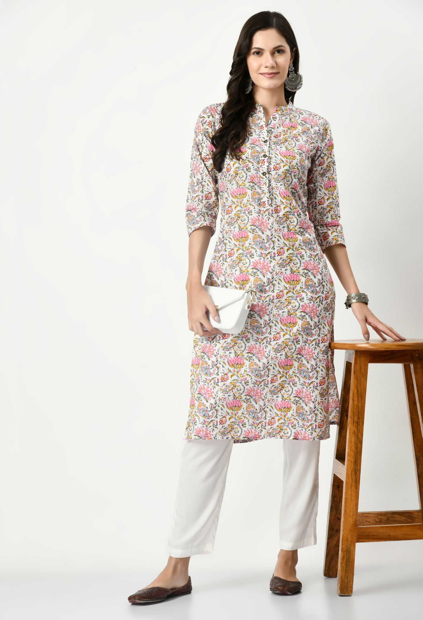 MAURYA Women's Pure Cotton Multicolor Calf Length Floral Print with Functional Buttons Straight Kurti (MKT076)