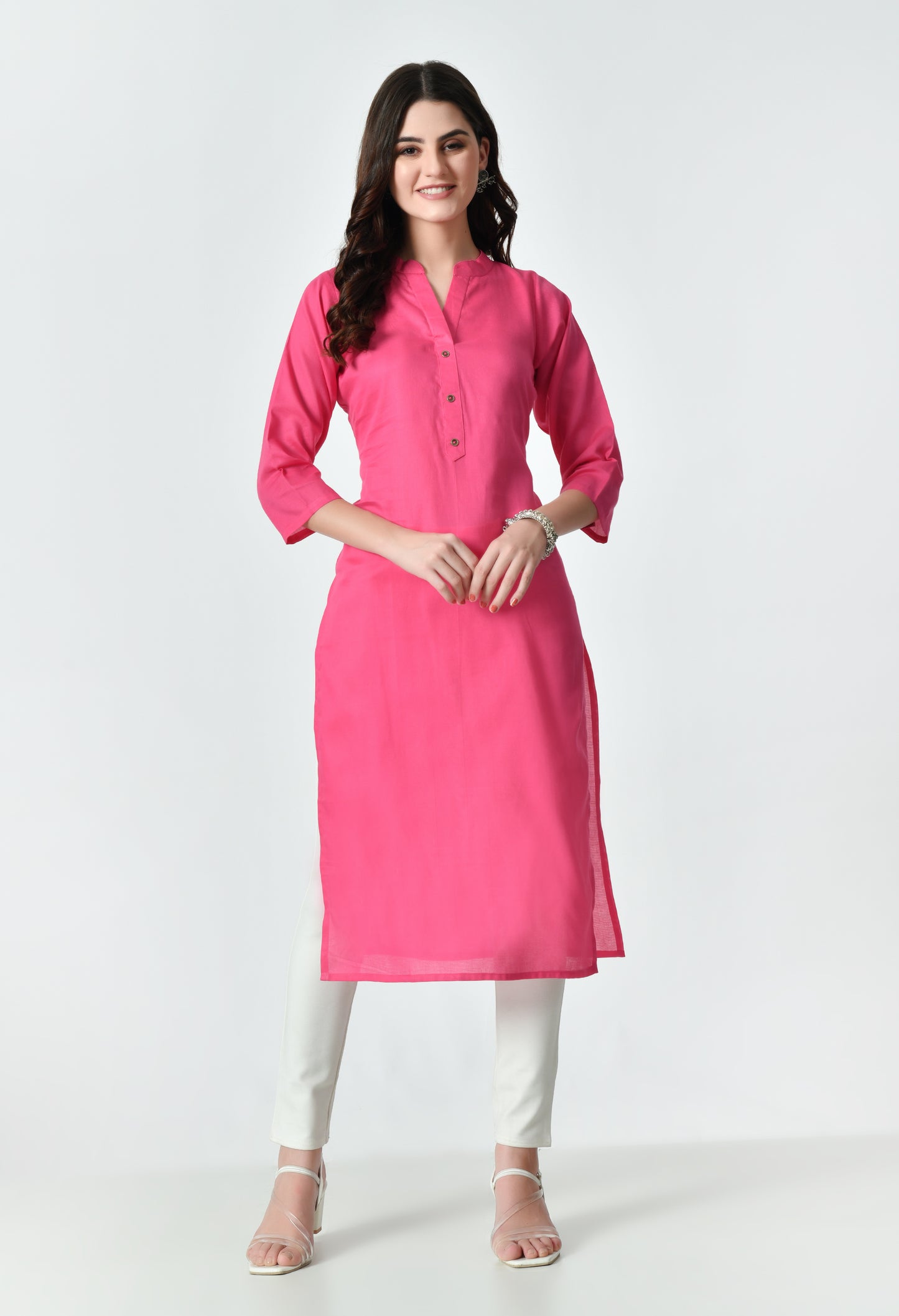 MAURYA Women's Pink Color Solid Cotton Blend Regular Straight Kurti (MKT125)