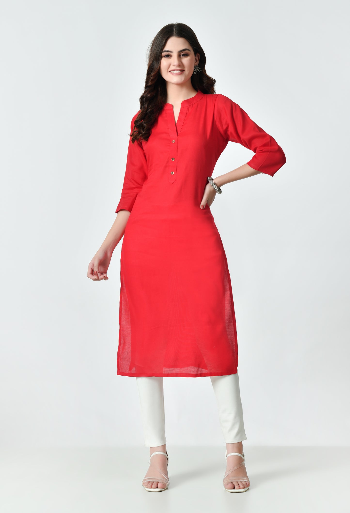 MAURYA Women's Red Color Solid Cotton Blend Regular Straight Kurti (MKT127)