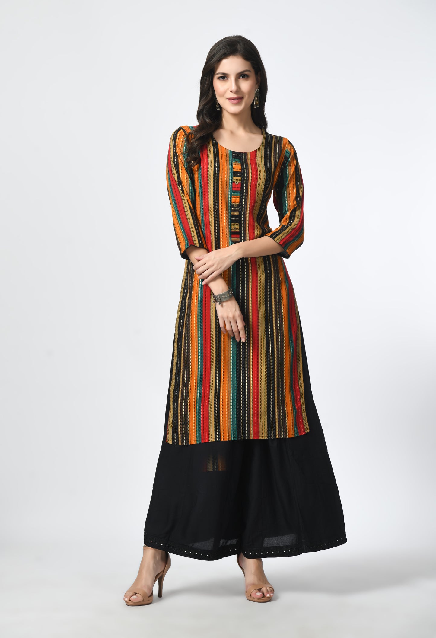 MAURYA Women's Multicolor Rayon 12Kg Striped Straight Button Kurti (MKT118)