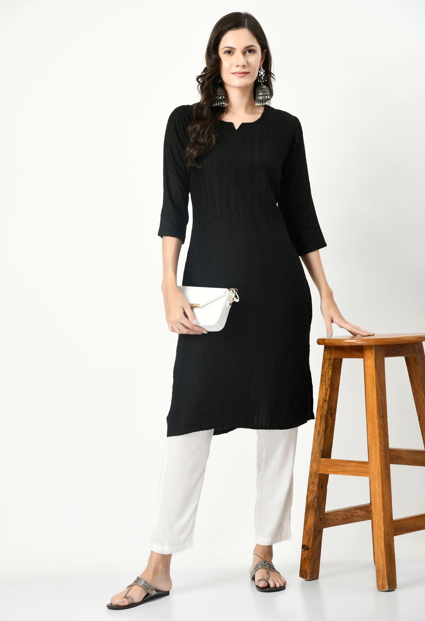 MAURYA Women's Pure Cotton Pintex Black Hand Work Calf Length Straight Kurti (MKT079)