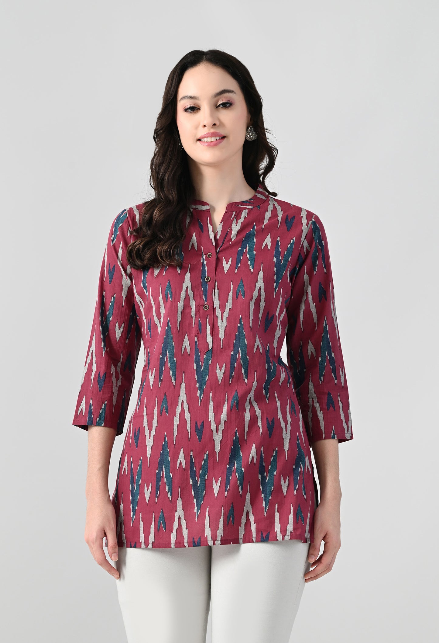 MAURYA Women's Pink Color Ikkat Print Regular V Neck Top (MTOP008)