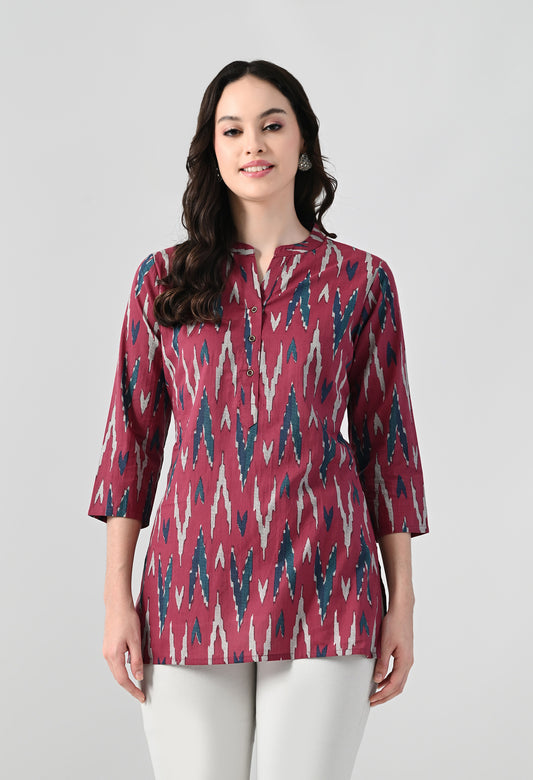 MAURYA Women's Pink Color Ikkat Print Regular V Neck Top (MTOP008)