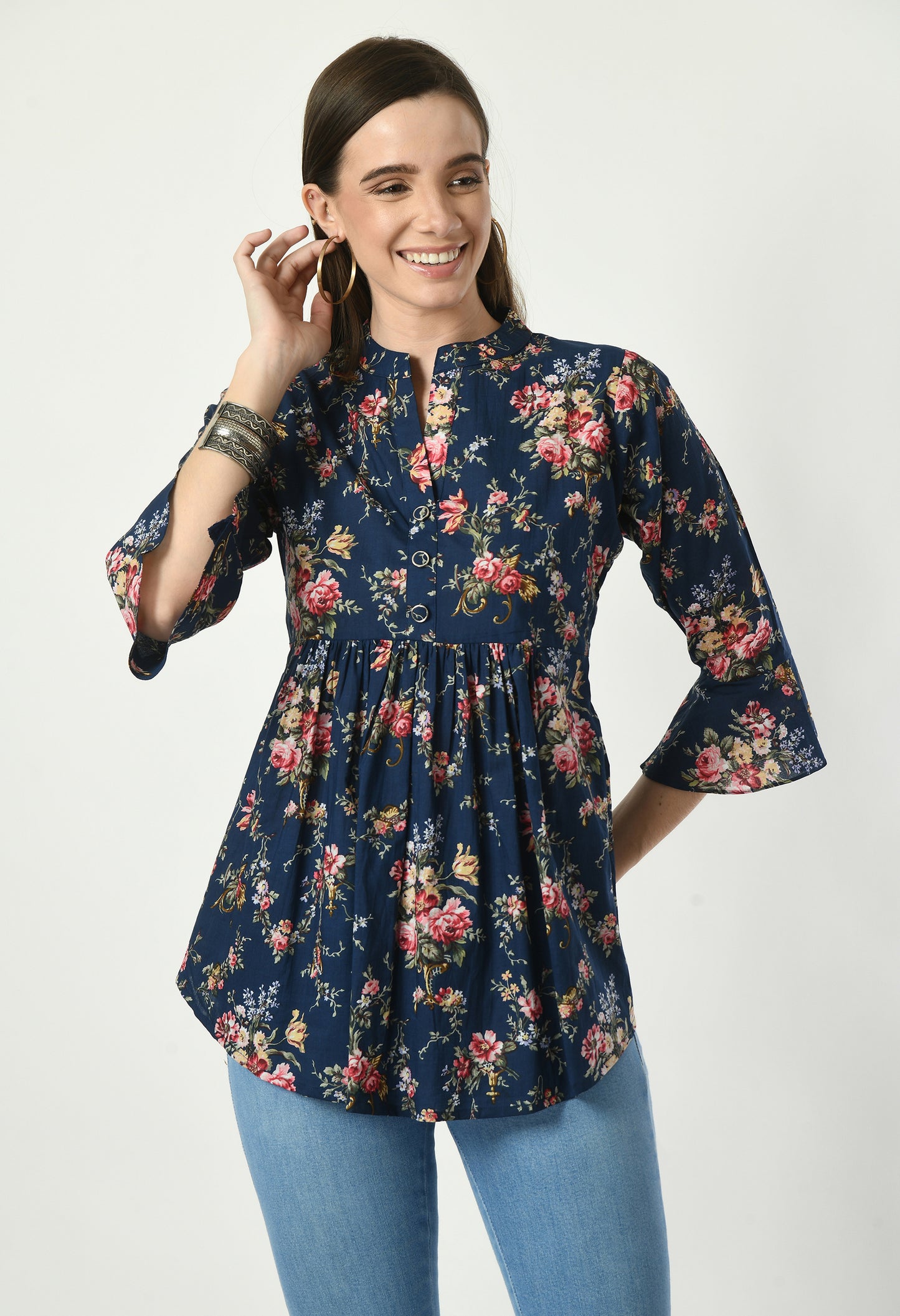 MAURYA Women's Blue Color Floral Print Regular V Neck Top (MTOP007)