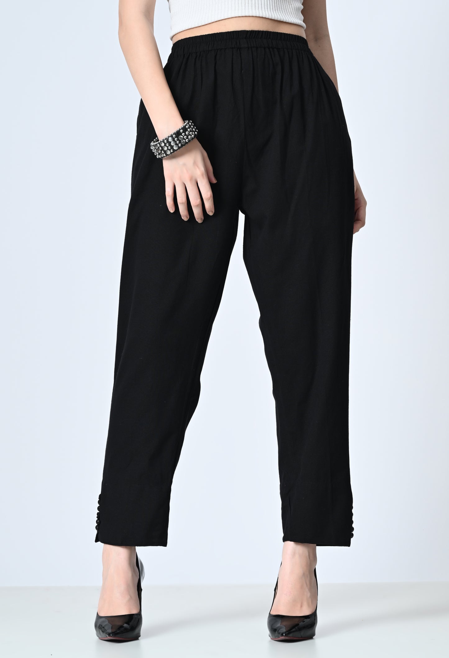 MAURYA Women's Black 100% Cotton Full-Elasticated Waist Regular Pant with 2 Side Pockets (MPT011)