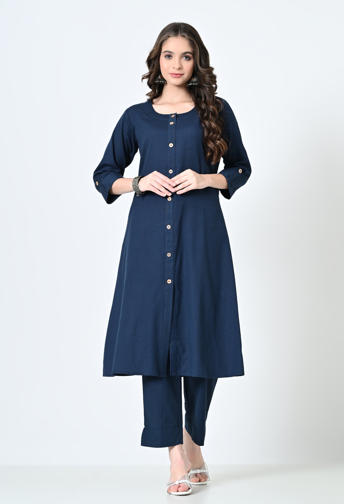 MAURYA Women's Cotton Flex Solid Blue A line Buttoned Kurta with Pant with 2 Side Pocket (MKS042)