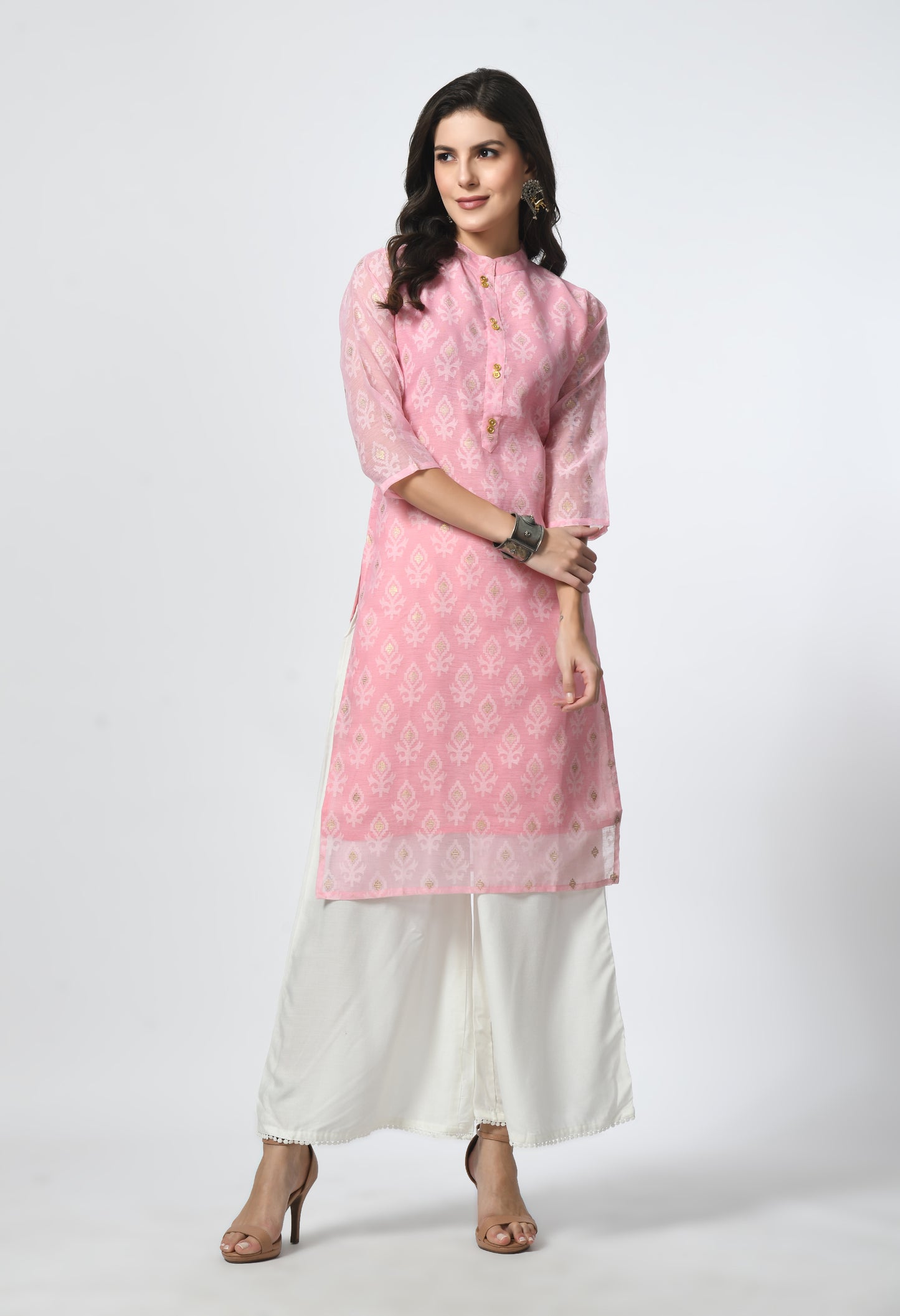MAURYA Women's Pink Color Chanderi Braso Floral Print Straight Kurta with Cotton Lining Kurti (MKT110)