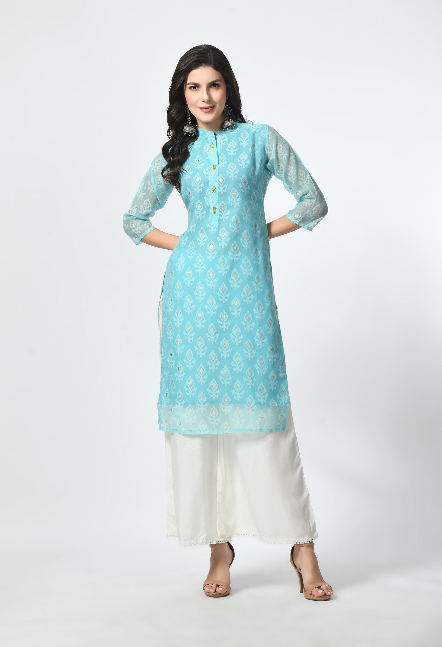 MAURYA Women's Rama Color Chanderi Braso Floral Print Straight Kurta with Cotton Lining Kurti (MKT108)
