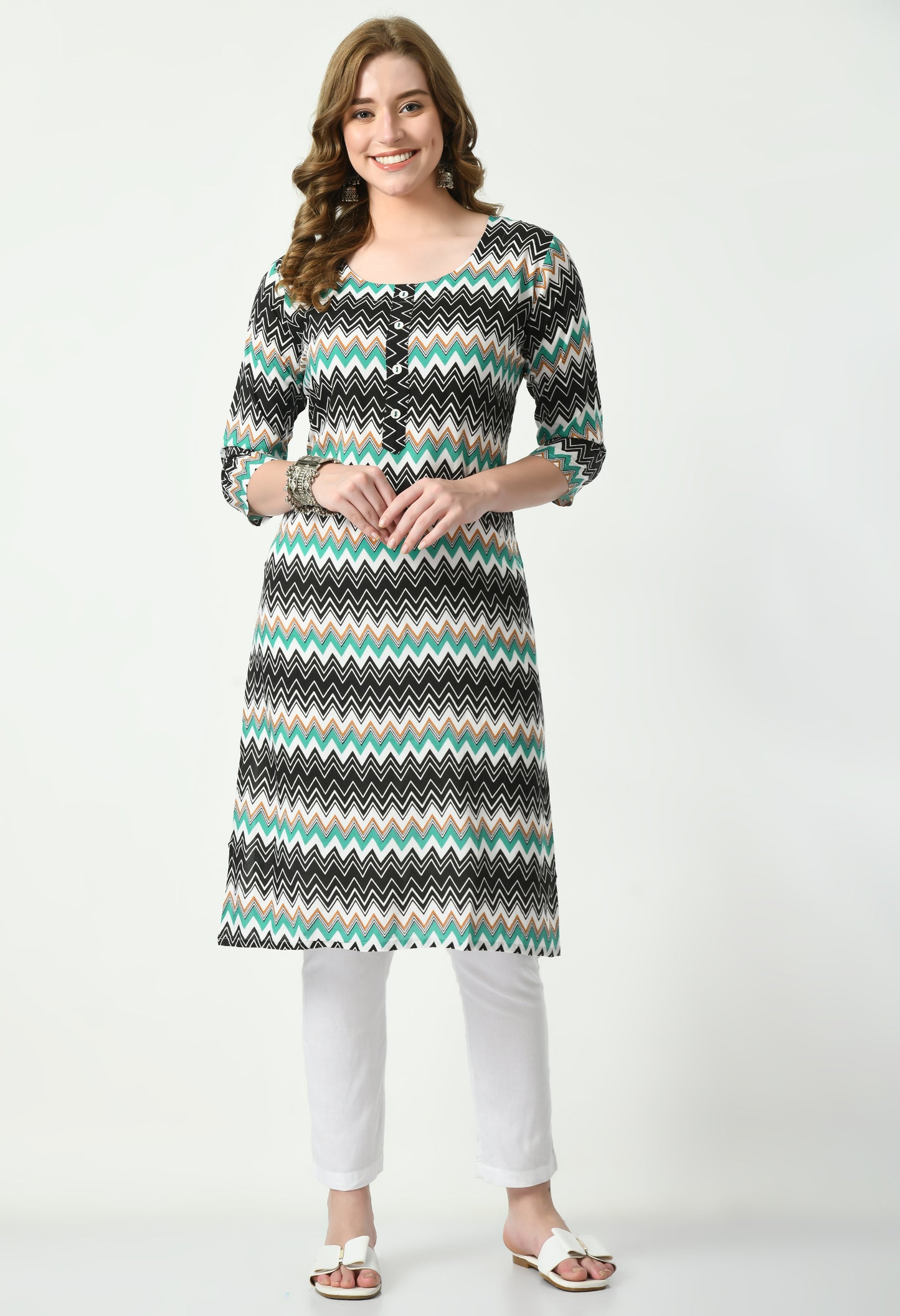 MAURYA Women's Rayon Rama Colour Zig-Zag Print Calf Length Straight Kurta with Buttons (MKT091)