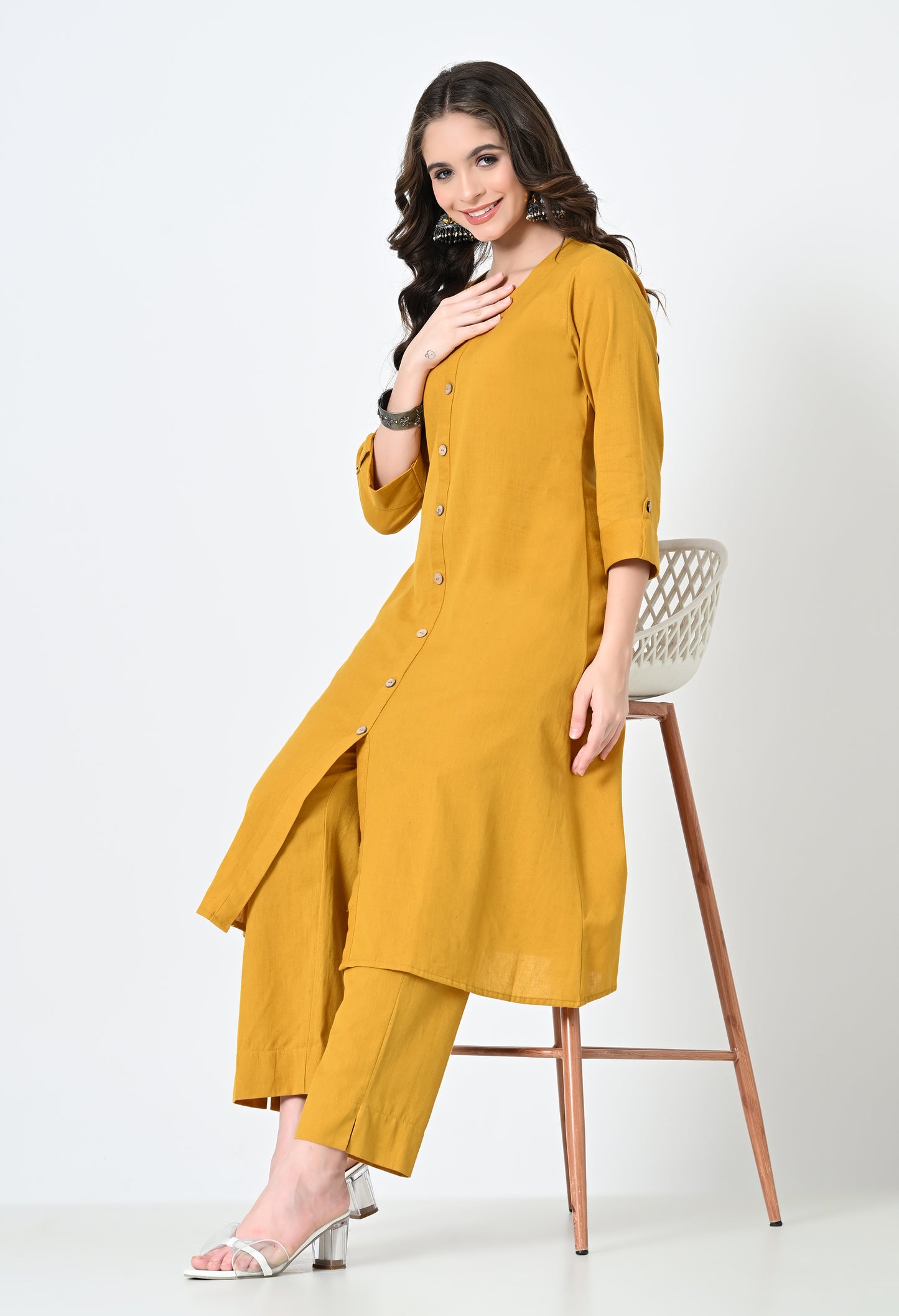 MAURYA Women's Cotton Flex Solid Mustard A line Buttoned Kurta with Pant with 2 Side Pocket (MKS044)