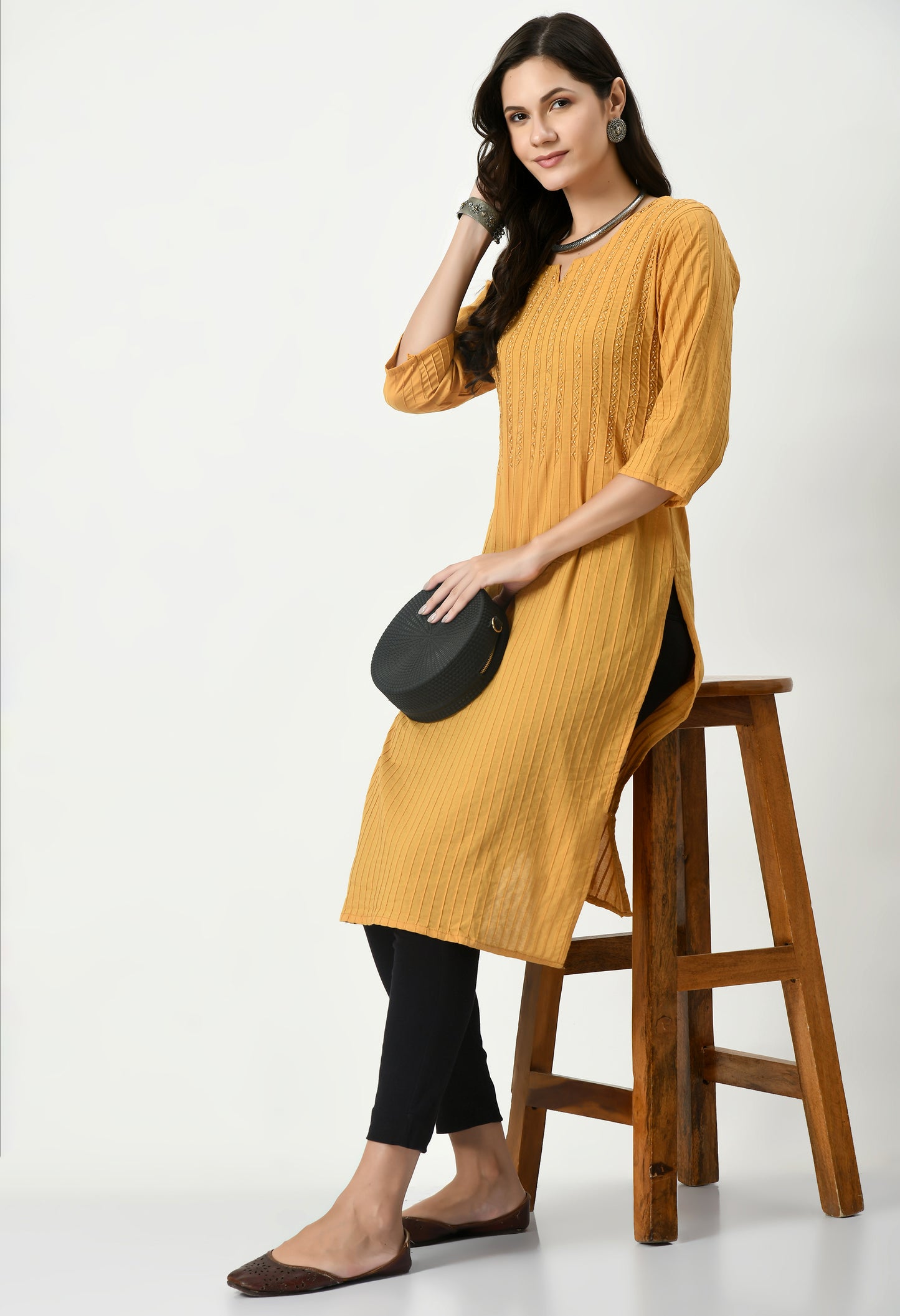 MAURYA Women's Pure Cotton Pintex Mustard Hand Work Calf Length Straight Kurti (MKT083)