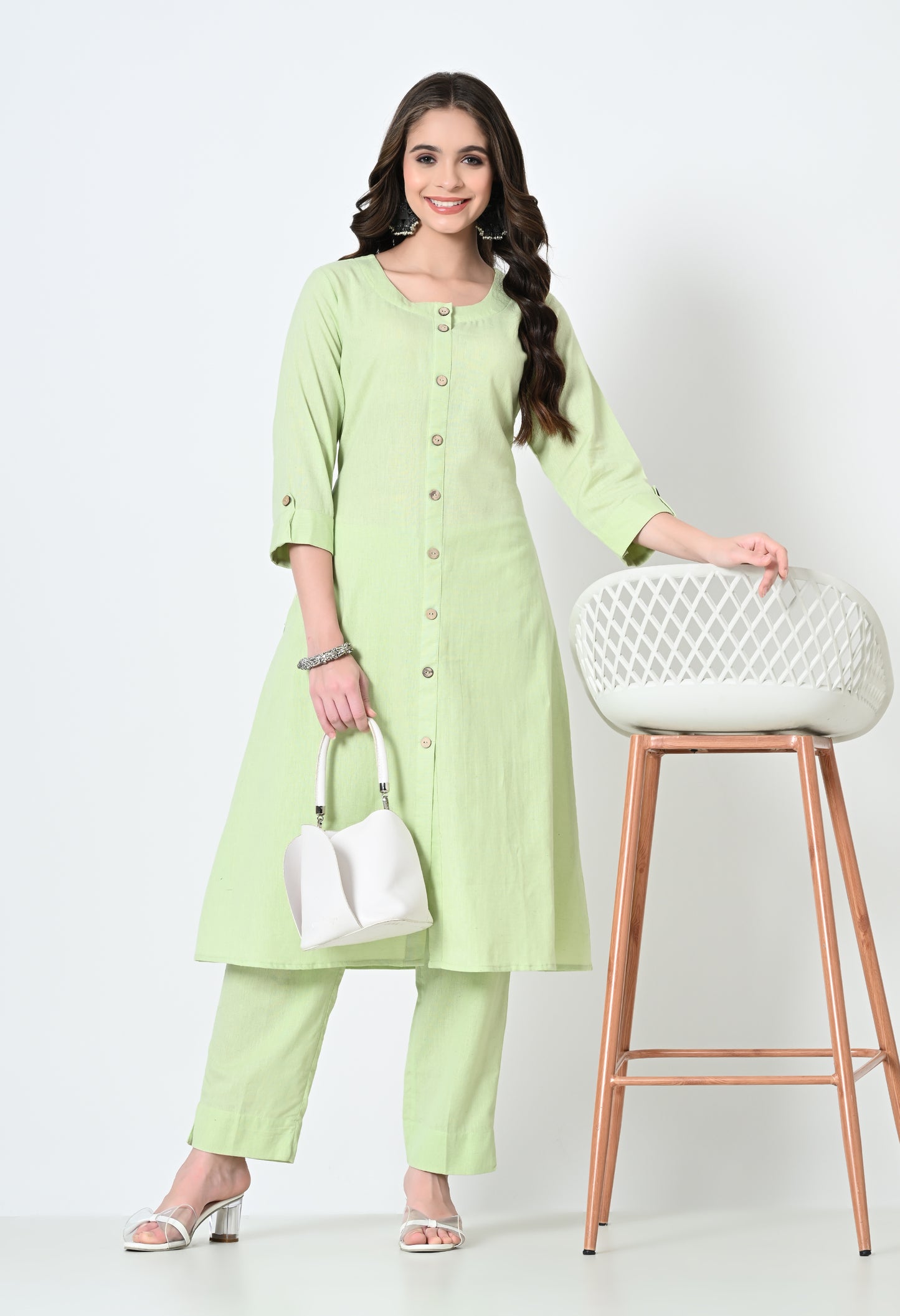 MAURYA Women's Cotton Flex Solid Pista A line Buttoned Kurta with Pant with 2 Side Pocket (MKS045)