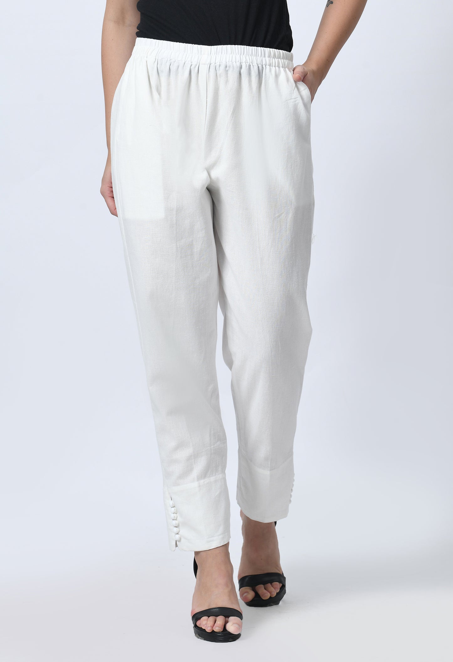 MAURYA Women's Off White 100% Cotton Full-Elasticated Waist Regular Pant with 2 Side Pockets (MPT006)