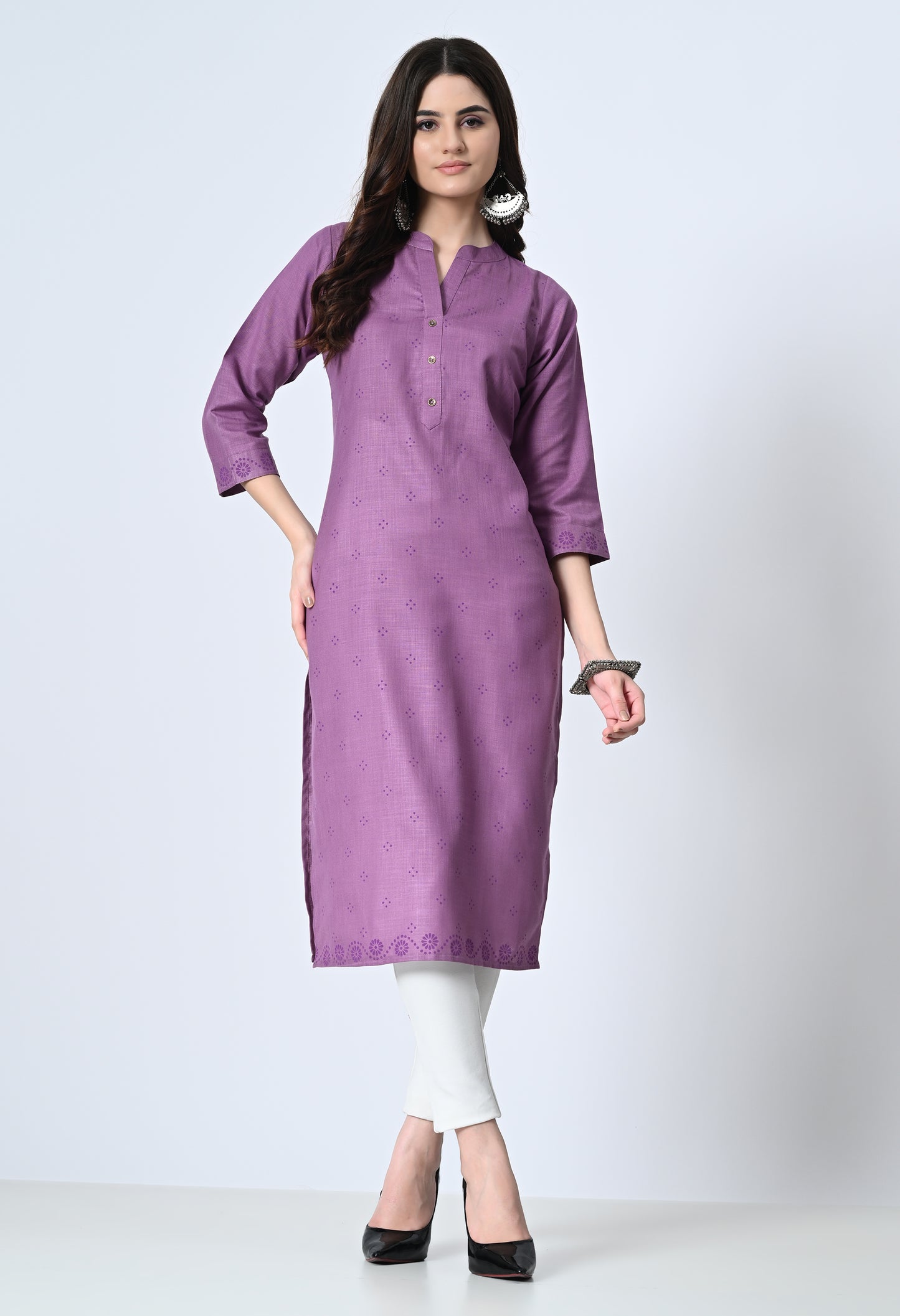 MAURYA Women's Cotton Blend Printed Purple Calf Length High Neck Straight Kurta (MKT136)