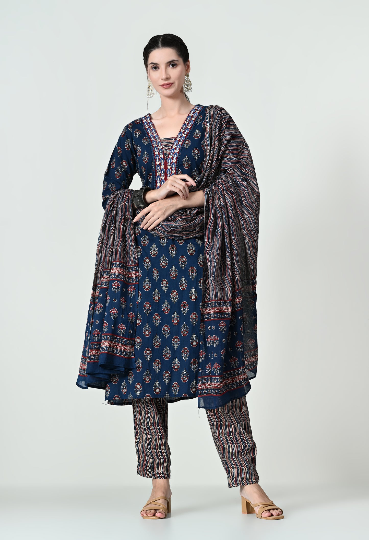 MAURYA Women's 100% Cotton Kalamkari Print Blue Colour Embroidery with Lace Kurta Set with Trendy Dupatta (WMKS004)