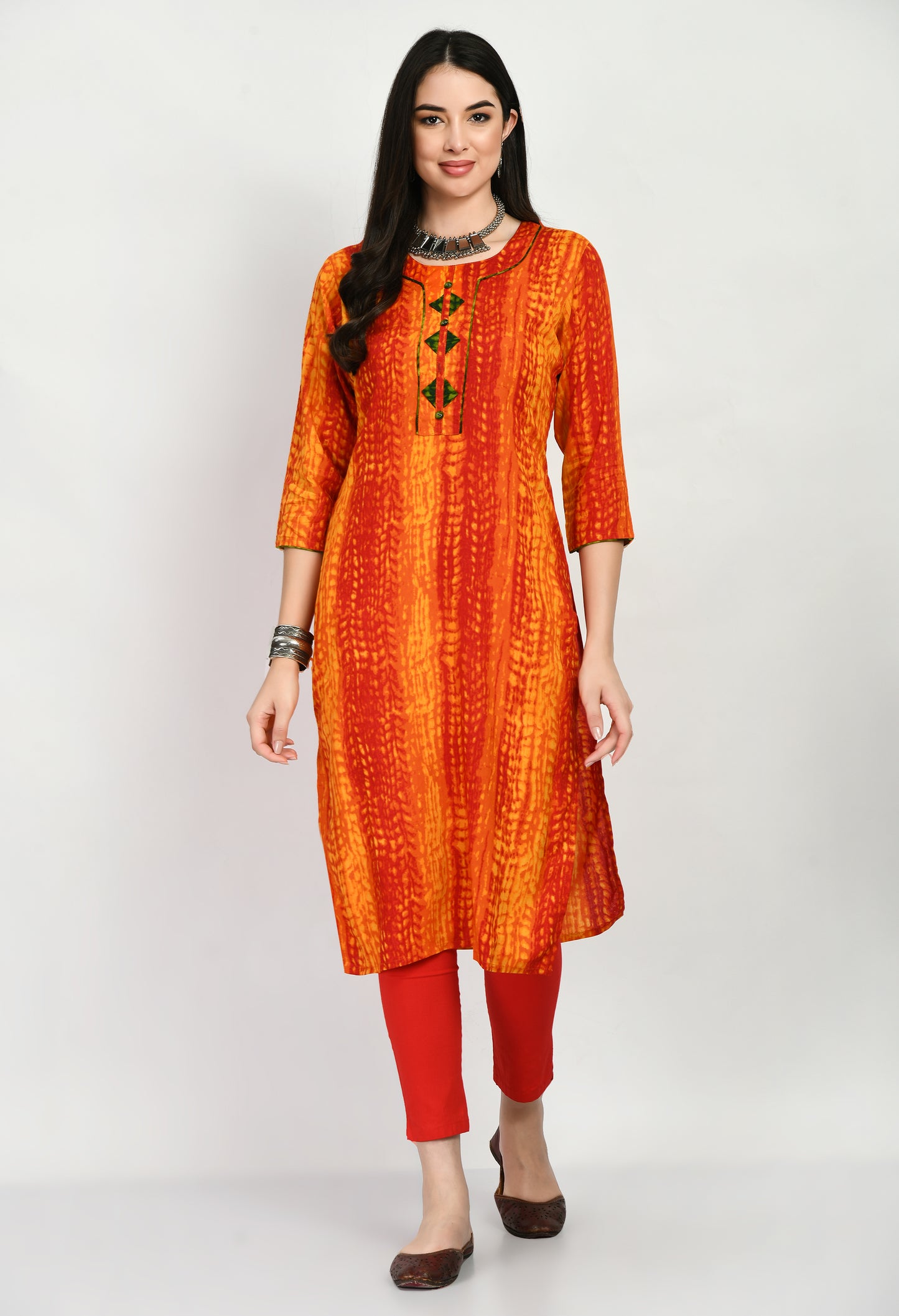 MAURYA Women's Rayon Rust Color Batik Print Calf Length Straight Kurti (MKT024)