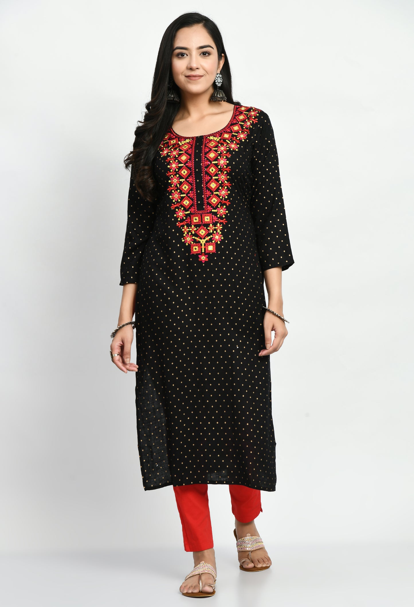 MAURYA Women's Rayon Slub Black Solid Mirror Embroidery Calf Length Straight Kurti (MKT048)