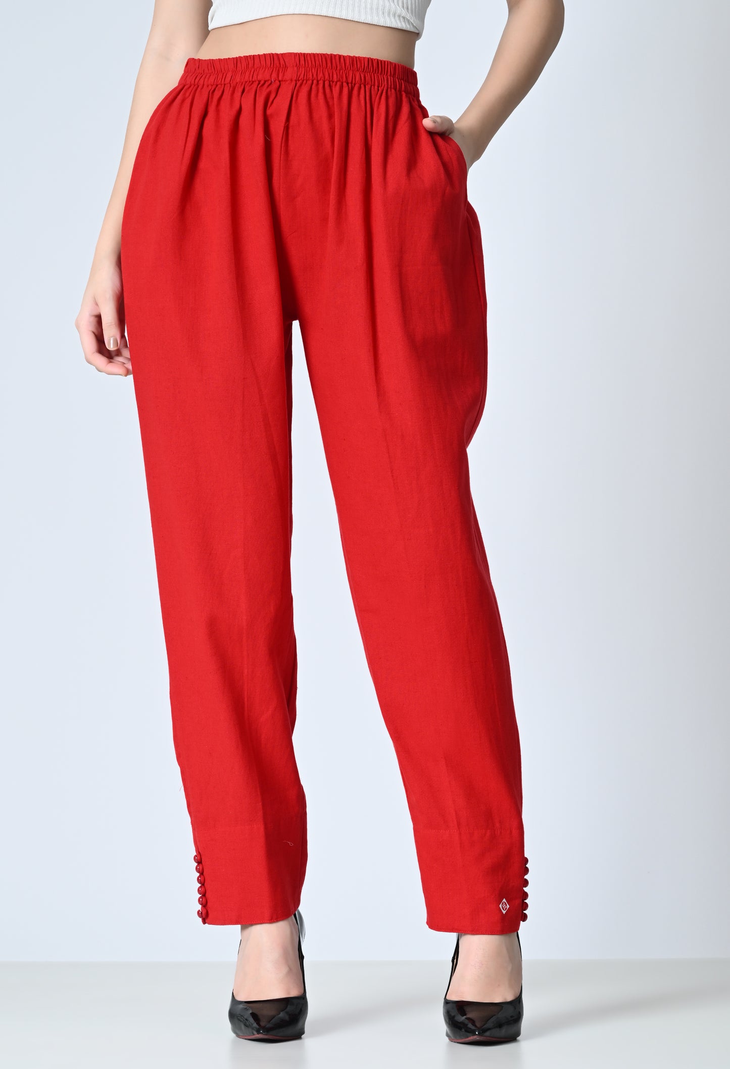 MAURYA Women's Red 100% Cotton Full-Elasticated Waist Regular Pant with 2 Side Pockets (MPT008)