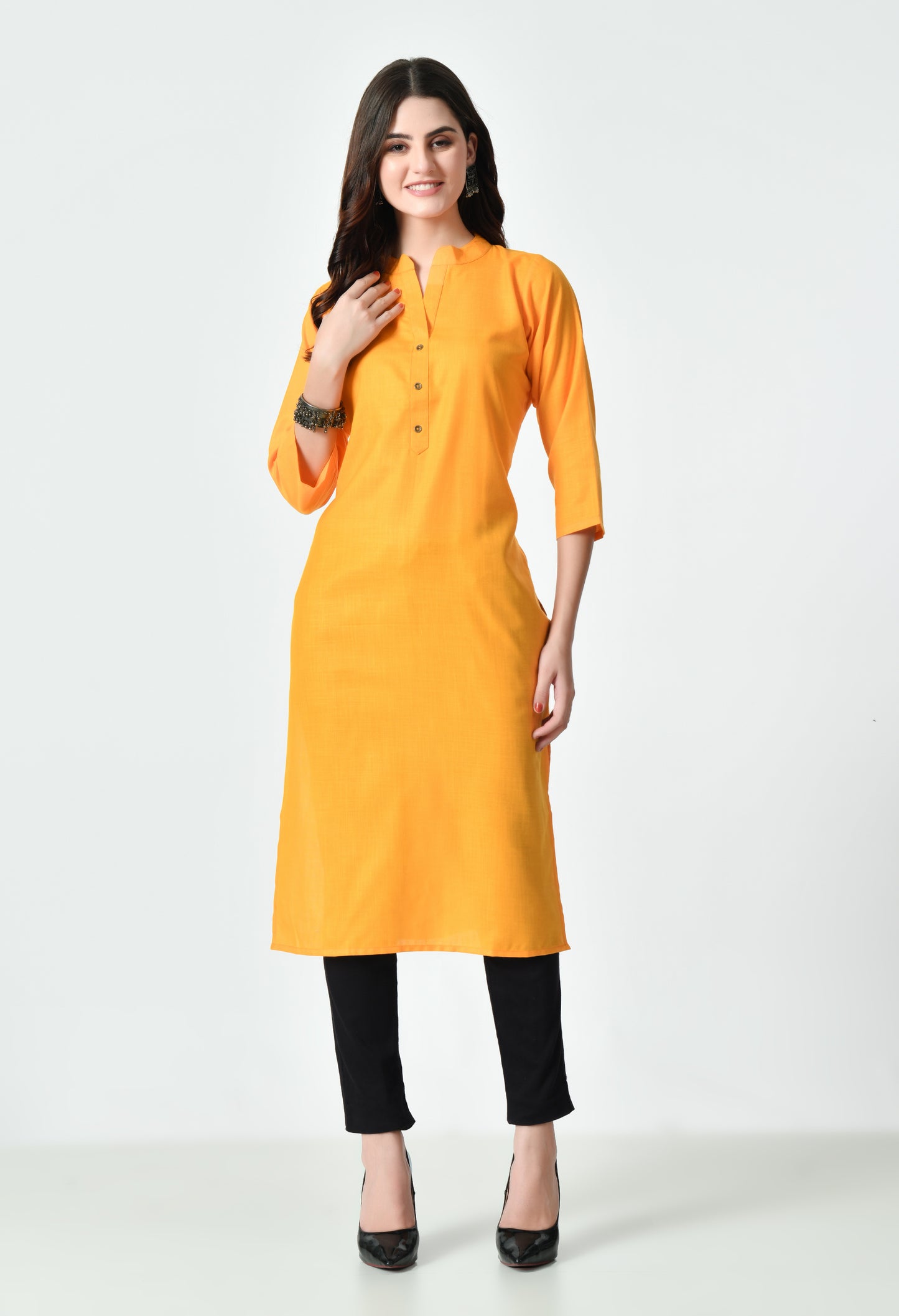 MAURYA Women's Orange Color Solid Cotton Blend Regular Straight Kurti (MKT131)
