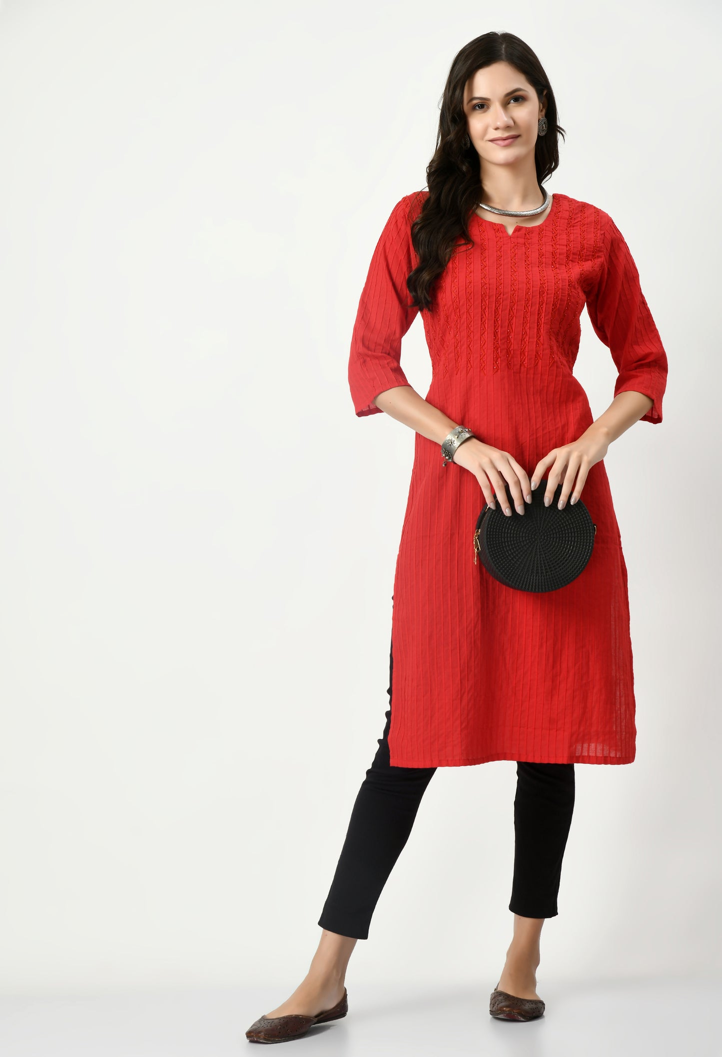 MAURYA Women's Pure Cotton Pintex Red Hand Work Calf Length Straight Kurti (MKT082)