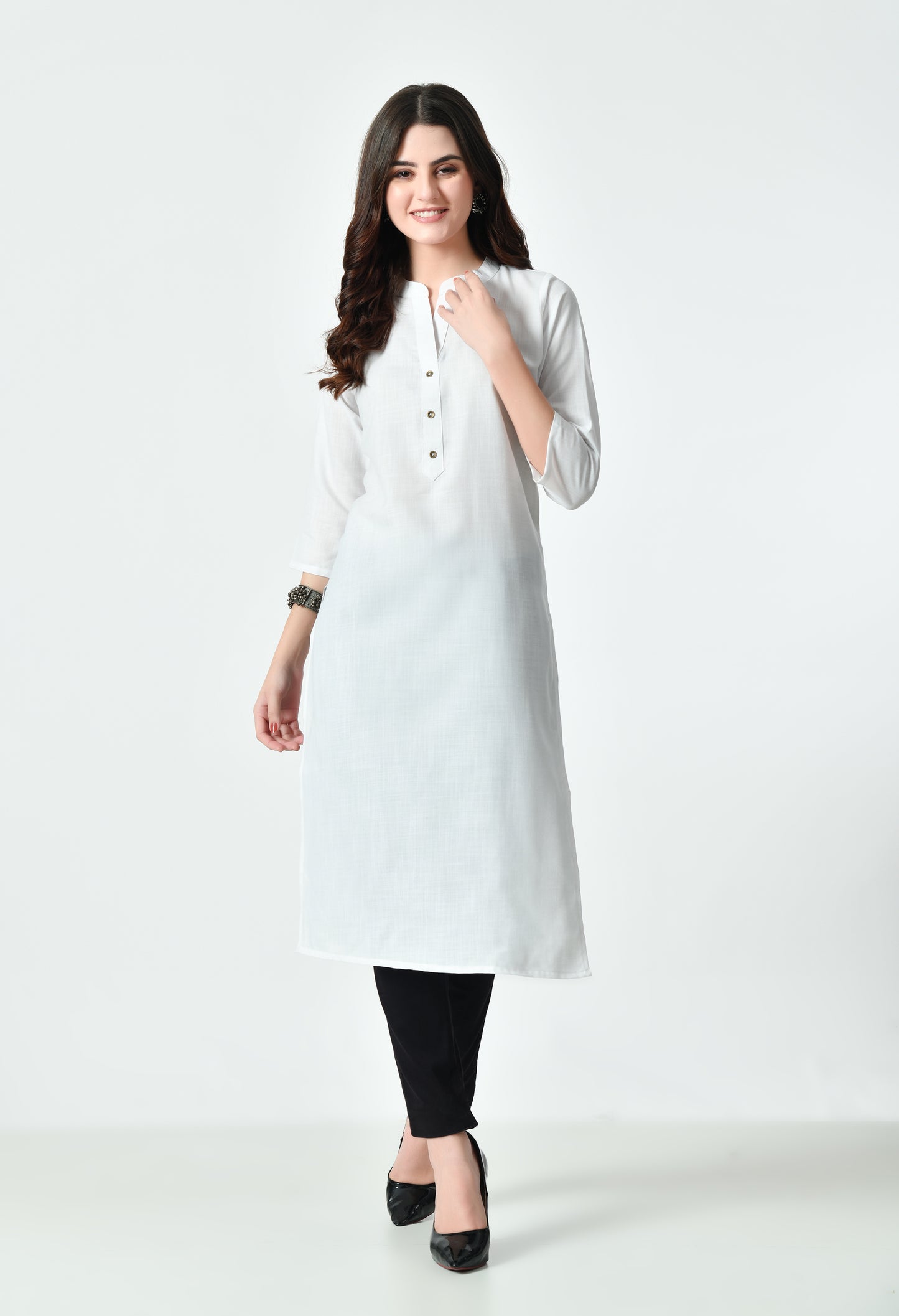 MAURYA Women's White Color Solid Cotton Blend Regular Straight Kurti (MKT132)