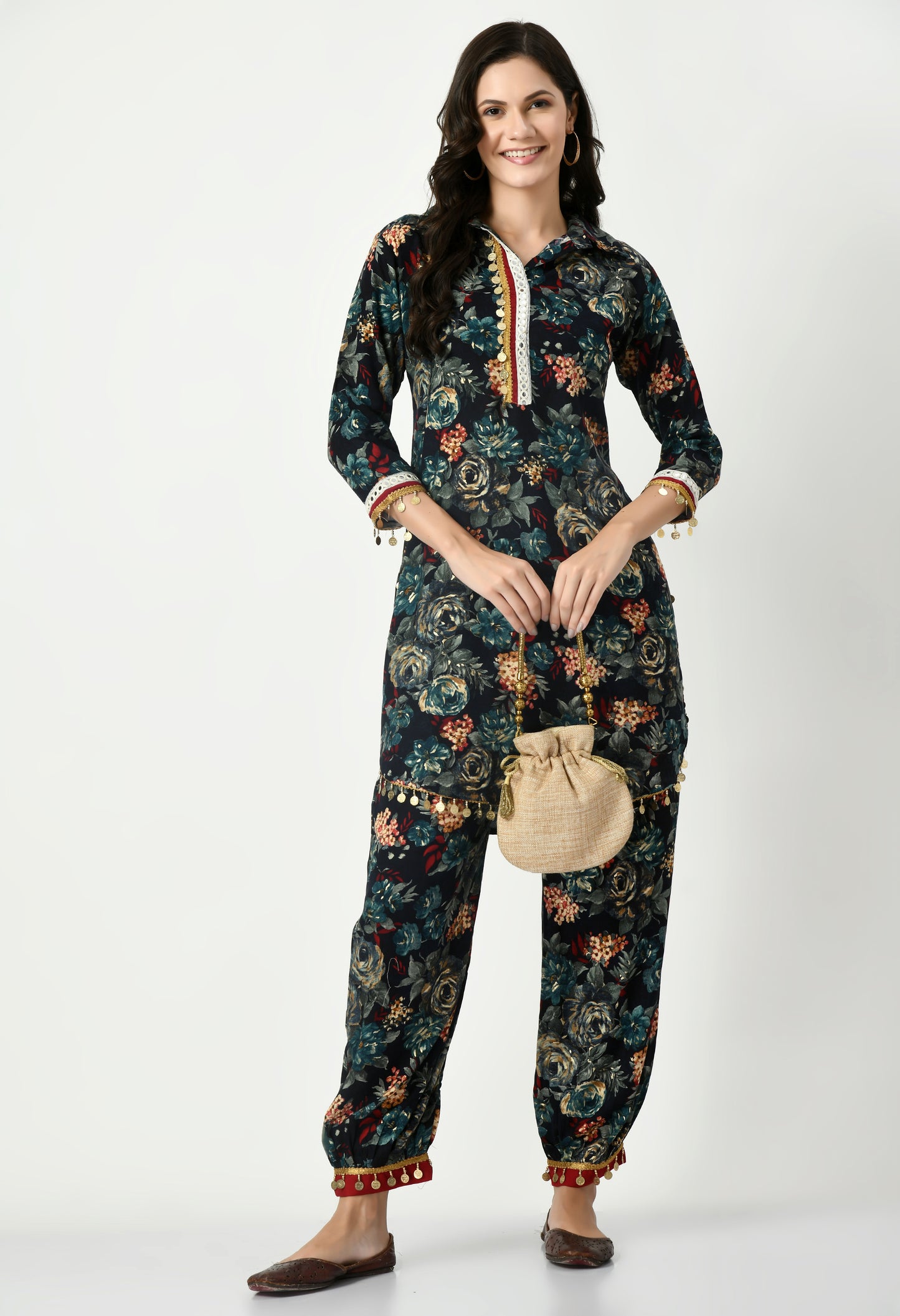MAURYA Women's Rayon Black Floral Print Laced Ethnic Afgani Co-ord Set with 2 Side Pockets (MCS026)