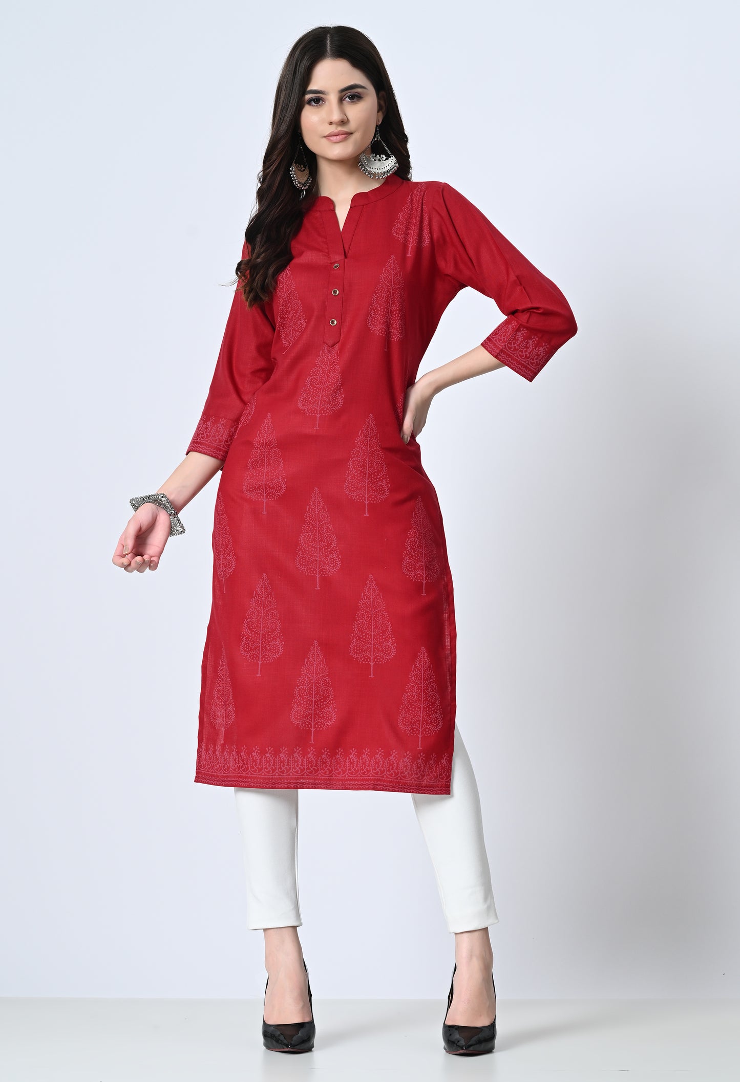MAURYA Women's Cotton Blend Printed Maroon Calf Length High Neck Straight Kurta (MKT139)