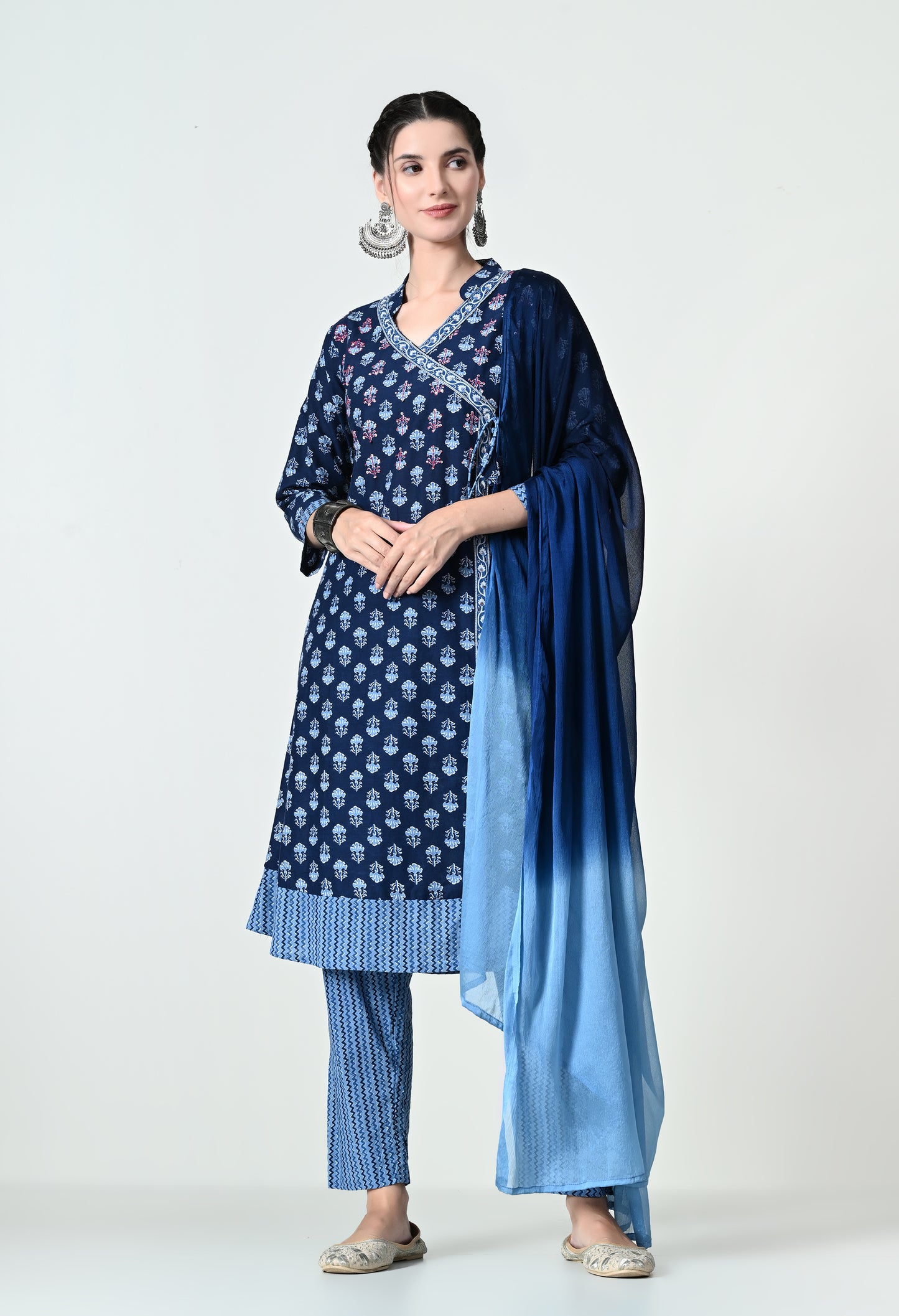 MAURYA Women's Fancy Cotton Blue Indigo Printed Hand Work Angrakhha Neck Kurta Set with Stylish Double Shade Dupatta (WMKS007)