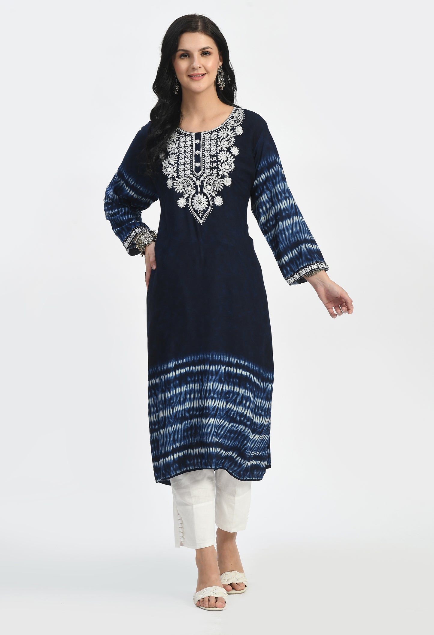 MAURYA Women's Navy Rayon Solid Straight Kurta with Lucknavy Embroidery Moti Work Kurti (MKT114)