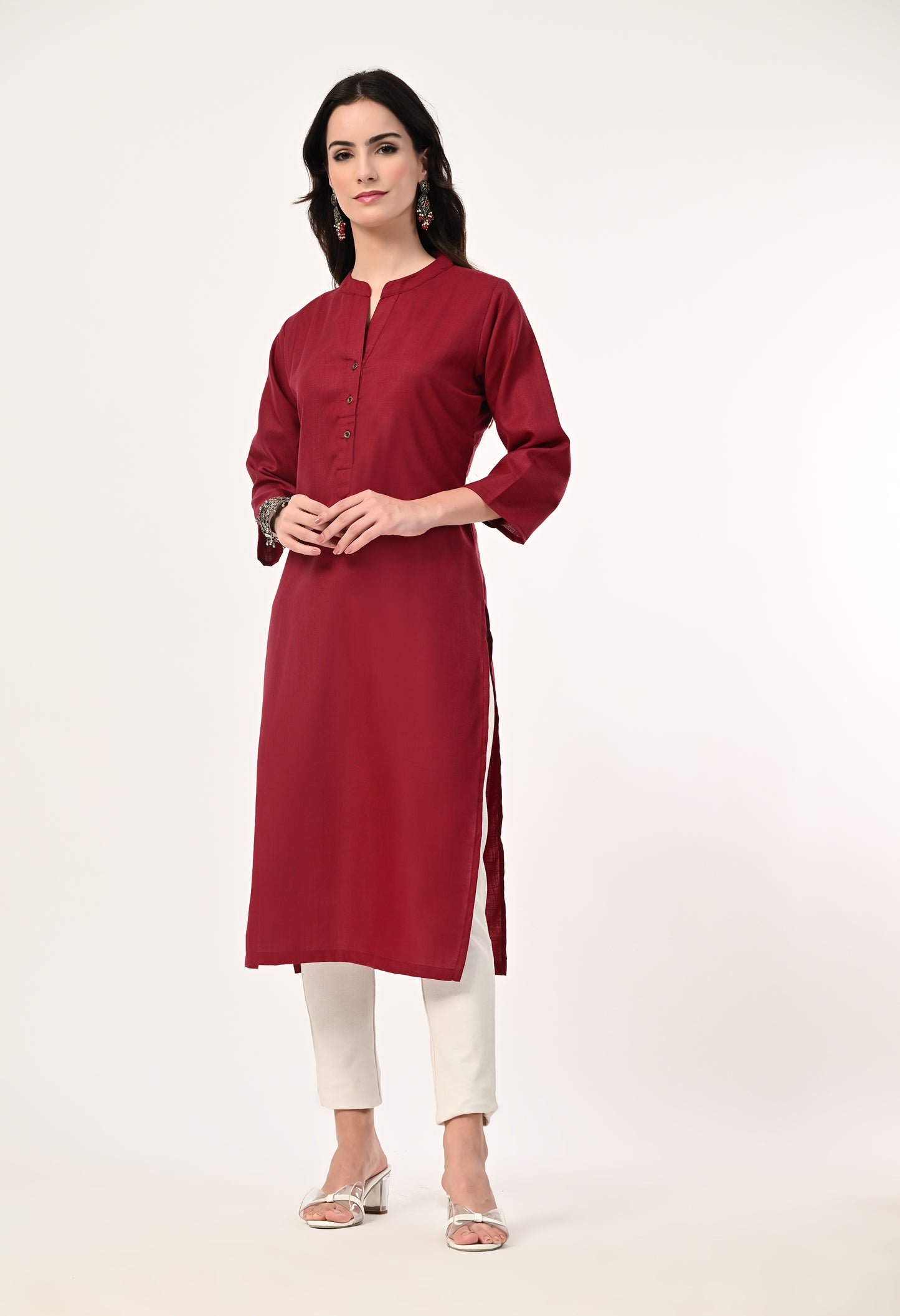 MAURYA Women's Maroon Cotton Blend Solid Straight Kurti (MKT143)