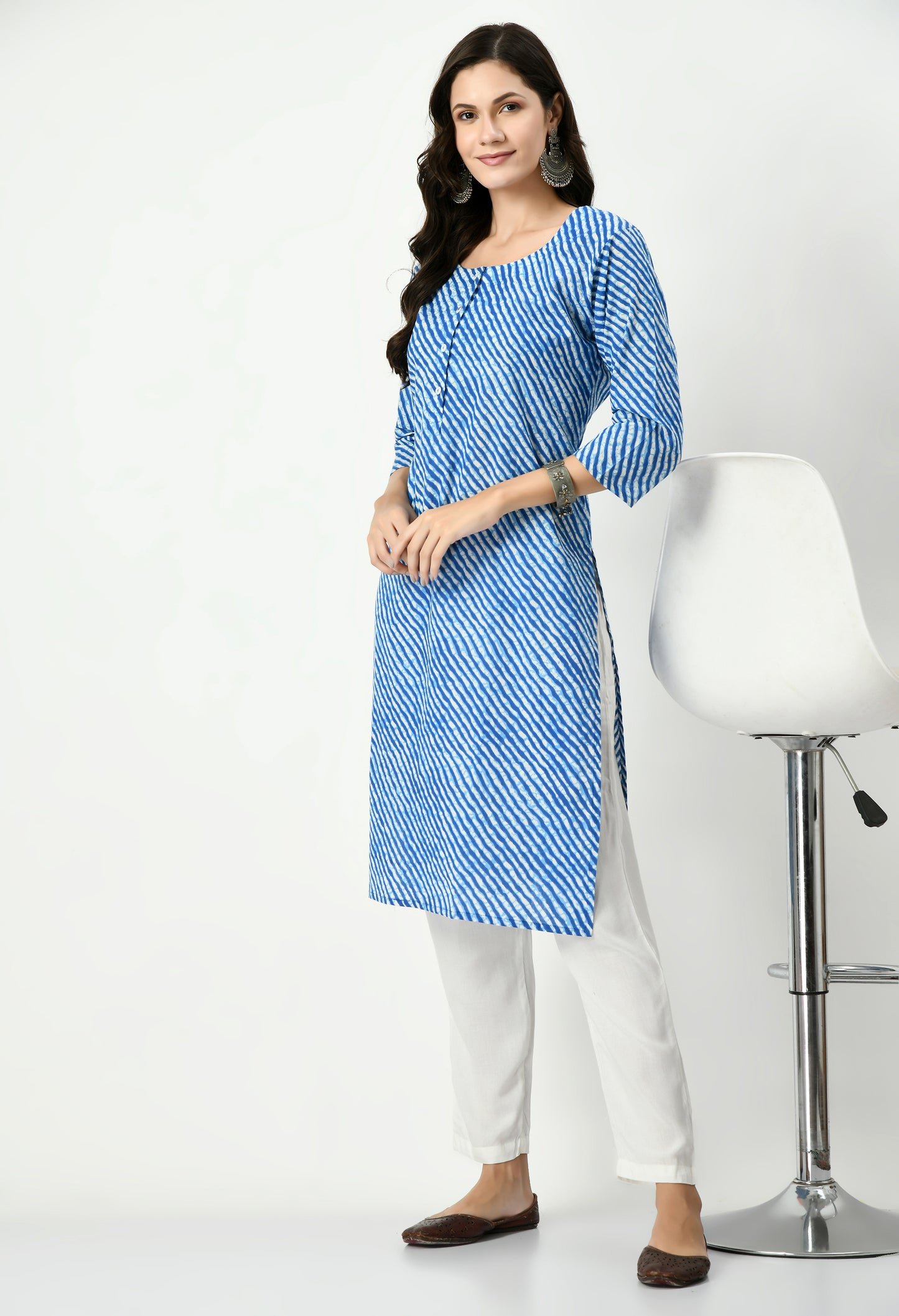 MAURYA Women's Cotton Blue Color Lehriya Print Calf Length Round Neck Straight Kurti (MKT075)