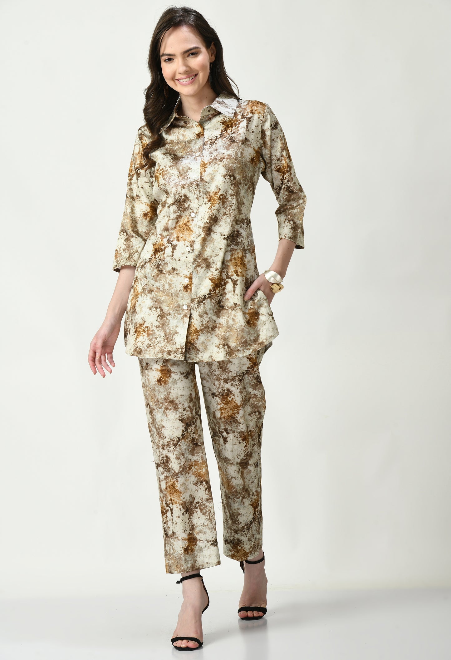 MAURYA Women's Brown Colour Cotton Satin Distress Print Straight Fit Western Co-Ord (MCS015)