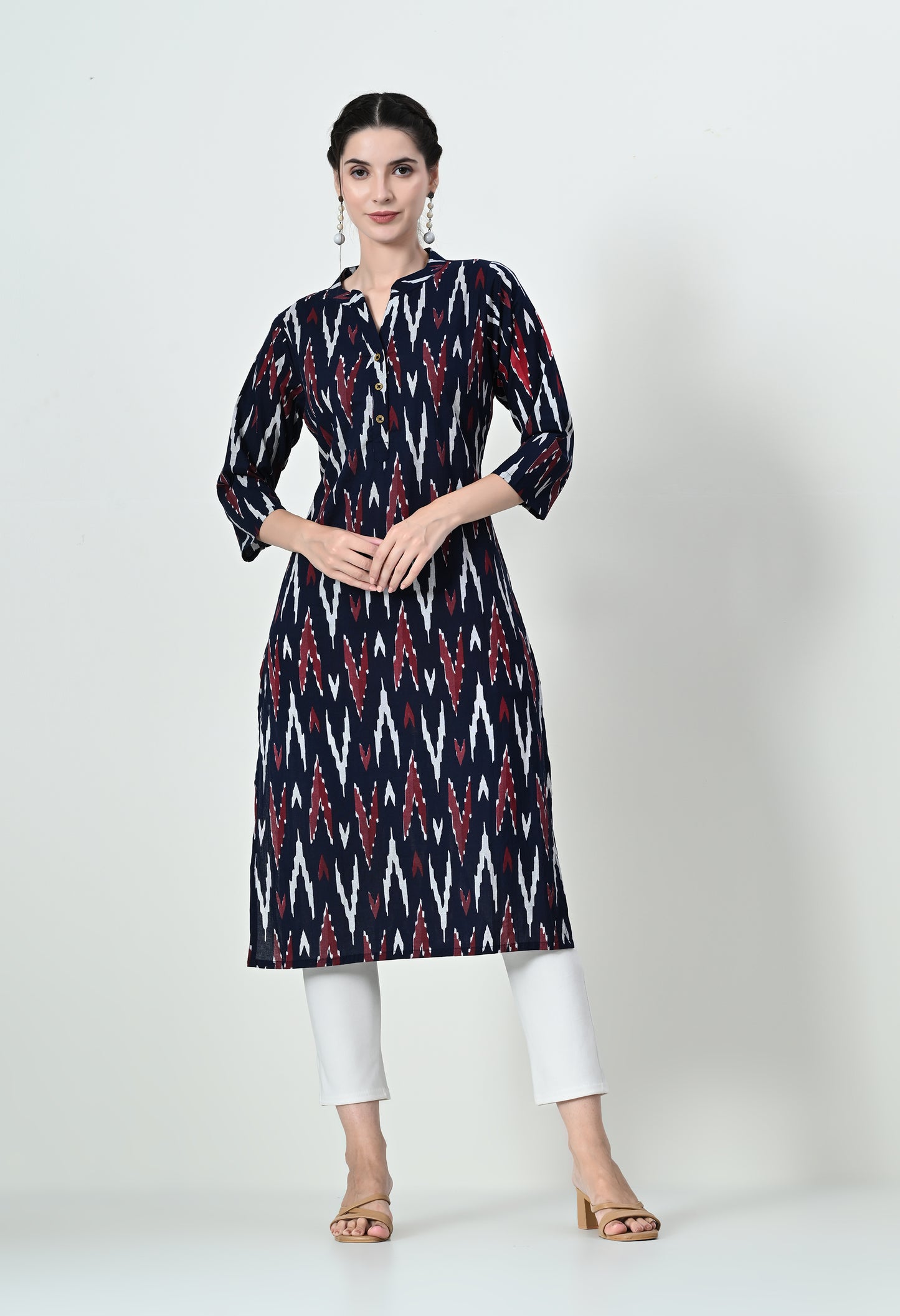 MAURYA Women's Cotton Ikkat Print Navy Blue Calf Length Straight Kurta (MKT140)