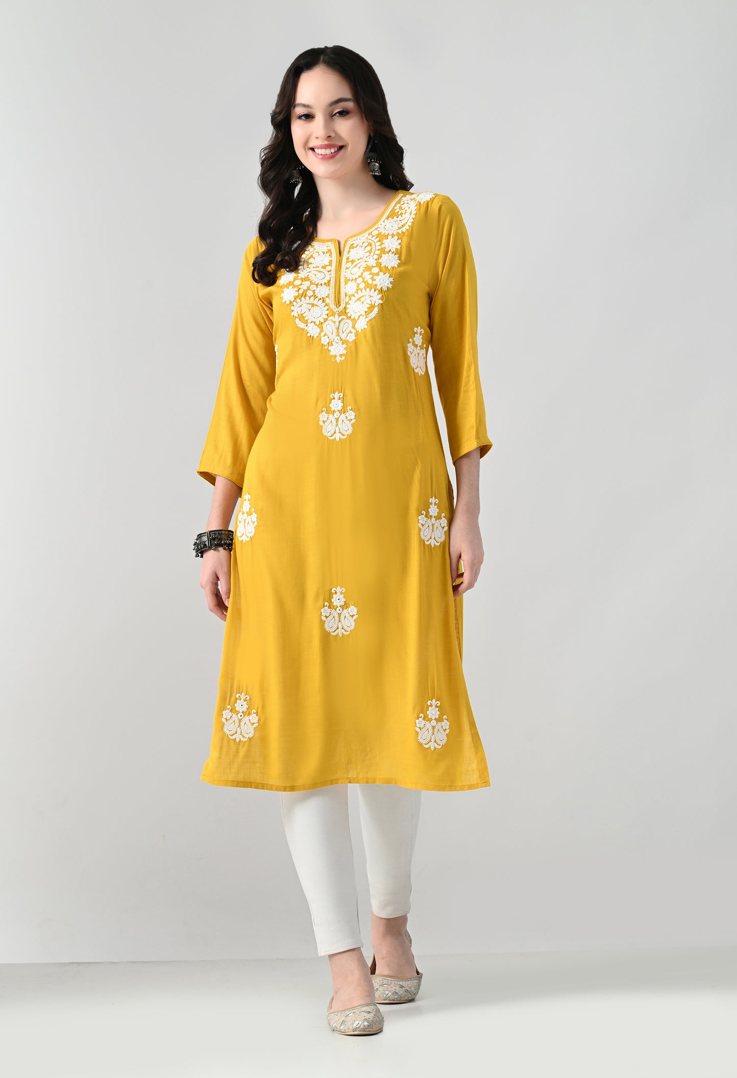 MAURYA Women's Yellow Rayon Slub Round Neck Embroidered Kurti (MKT146)
