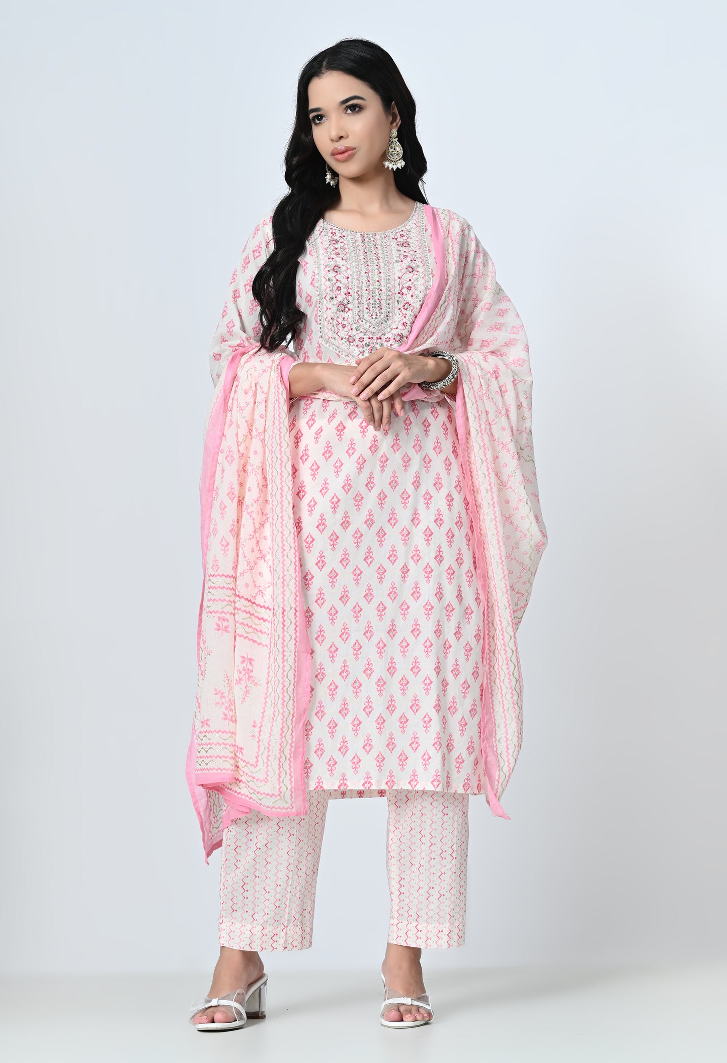 MAURYA Women's 100% Cotton Off Pink Foil Print Embroidery with Sequence Kurta Set with Dupatta (WMKS012)