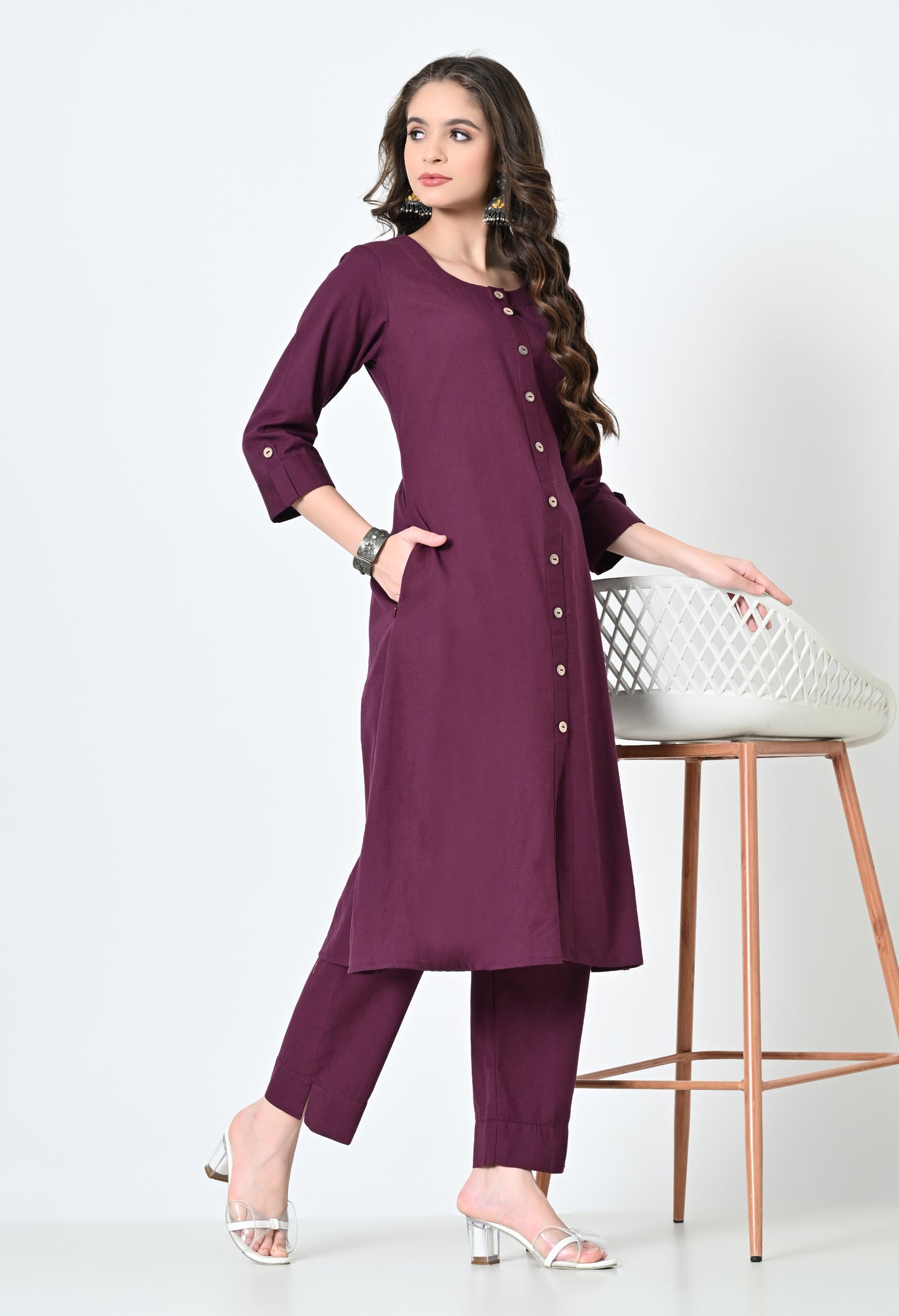 MAURYA Women's Cotton Flex Solid Purple A line Buttoned Kurta with Pant with 2 Side Pocket (MKS043)
