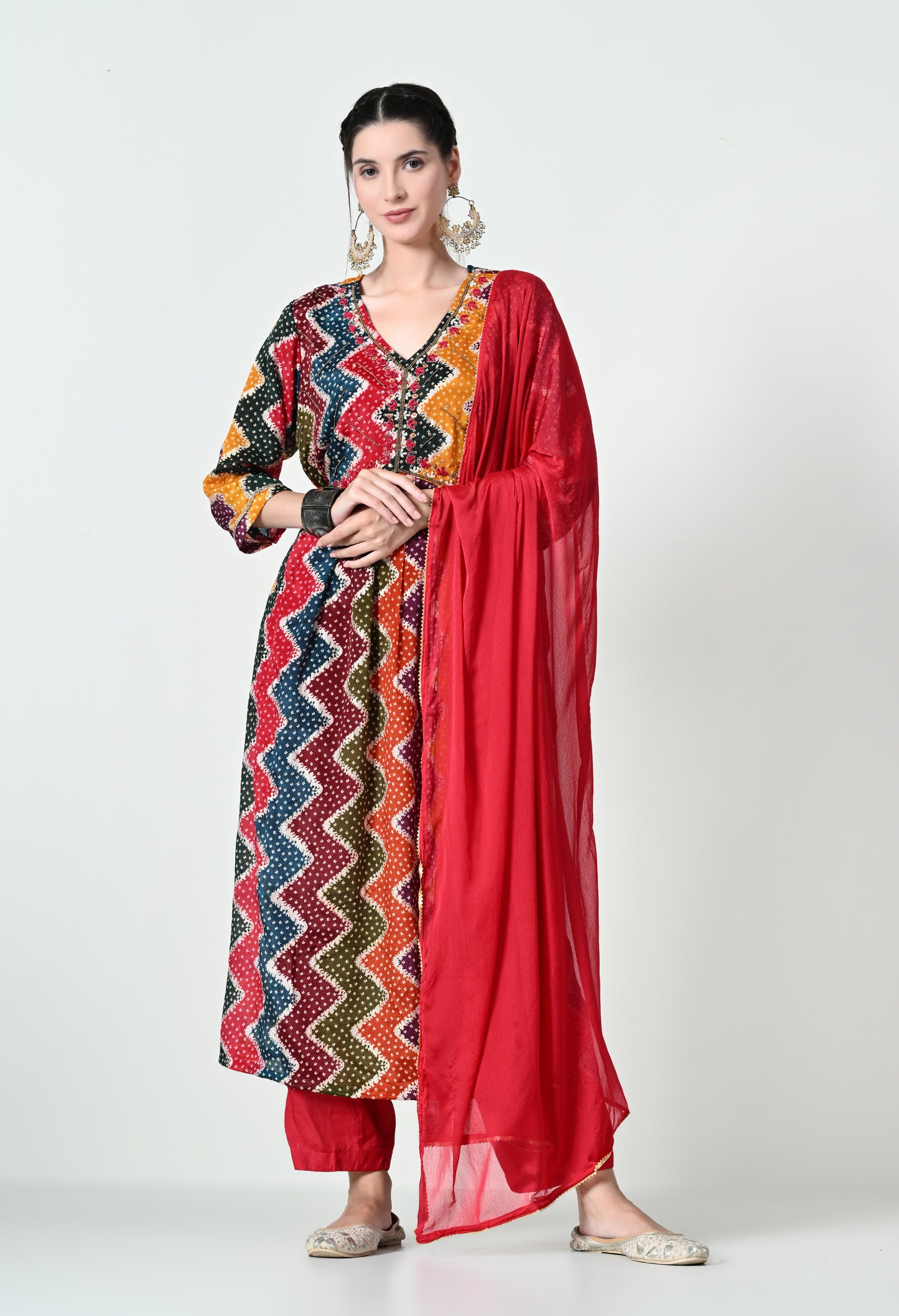 MAURYA Women's Chinon Silk Multicolor Printed V Neck Hand Work Stylish Kurta Set with Dupatta (WMKS008)
