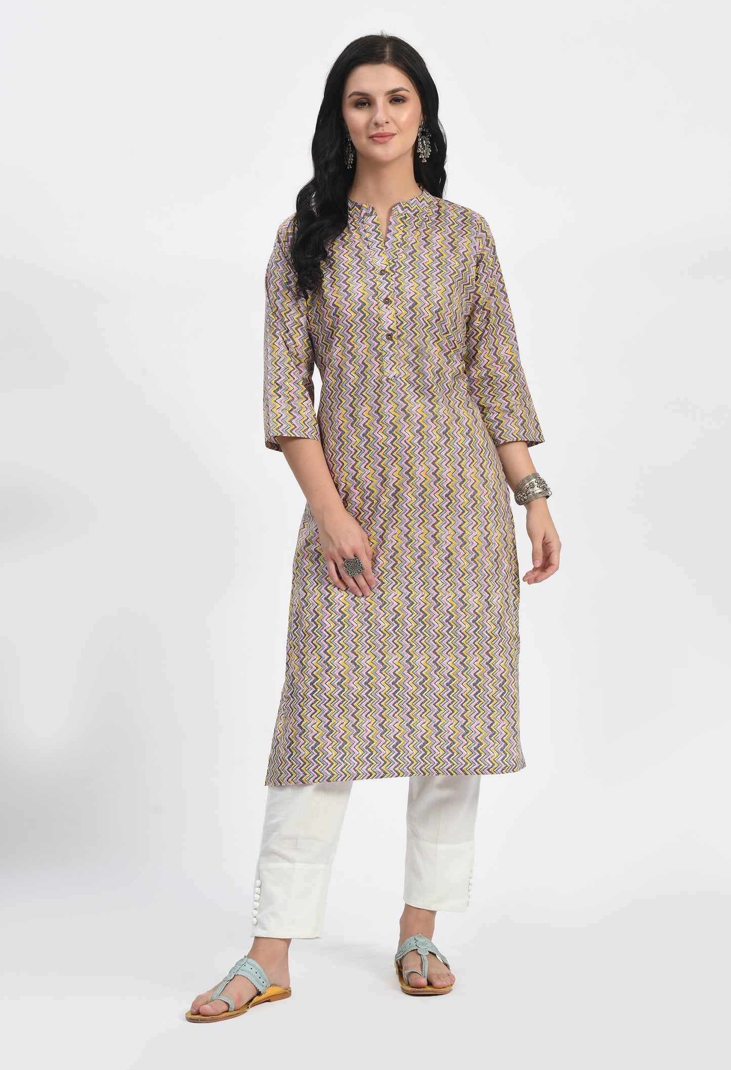 MAURYA Women's Cotton Chambric 60*60 Bottle Green Straight Zig Zag Print Kurta (MKT123)