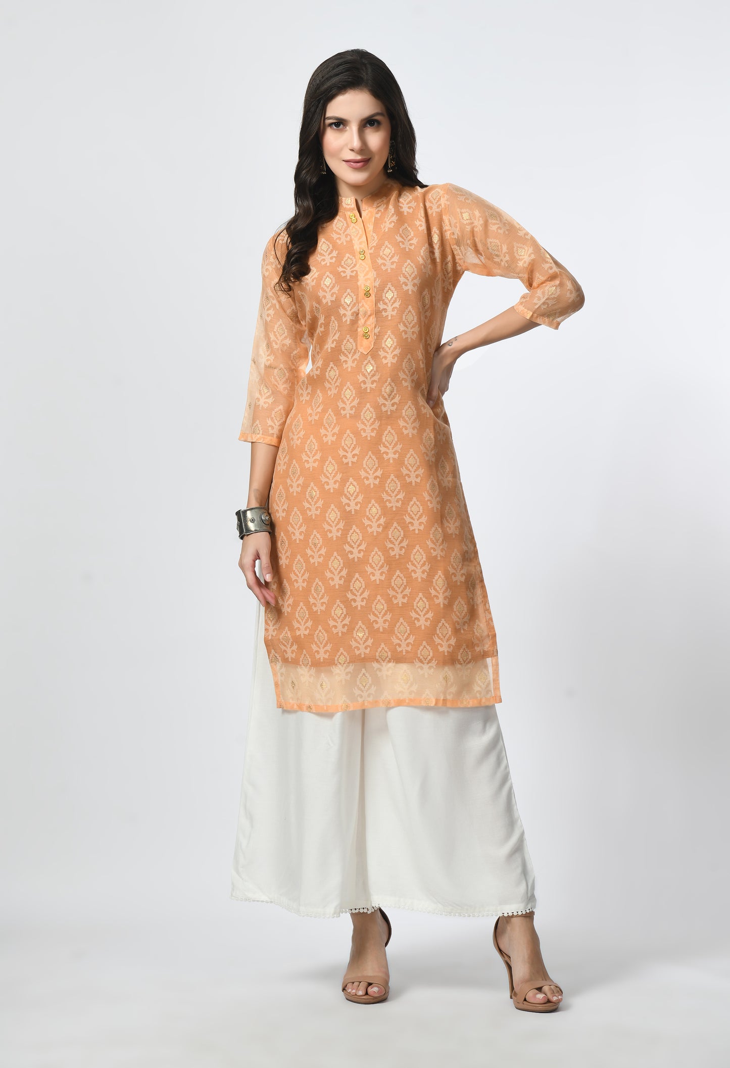 MAURYA Women's Orange Color Chanderi Braso Floral Print Straight Kurta with Cotton Lining Kurti (MKT111)