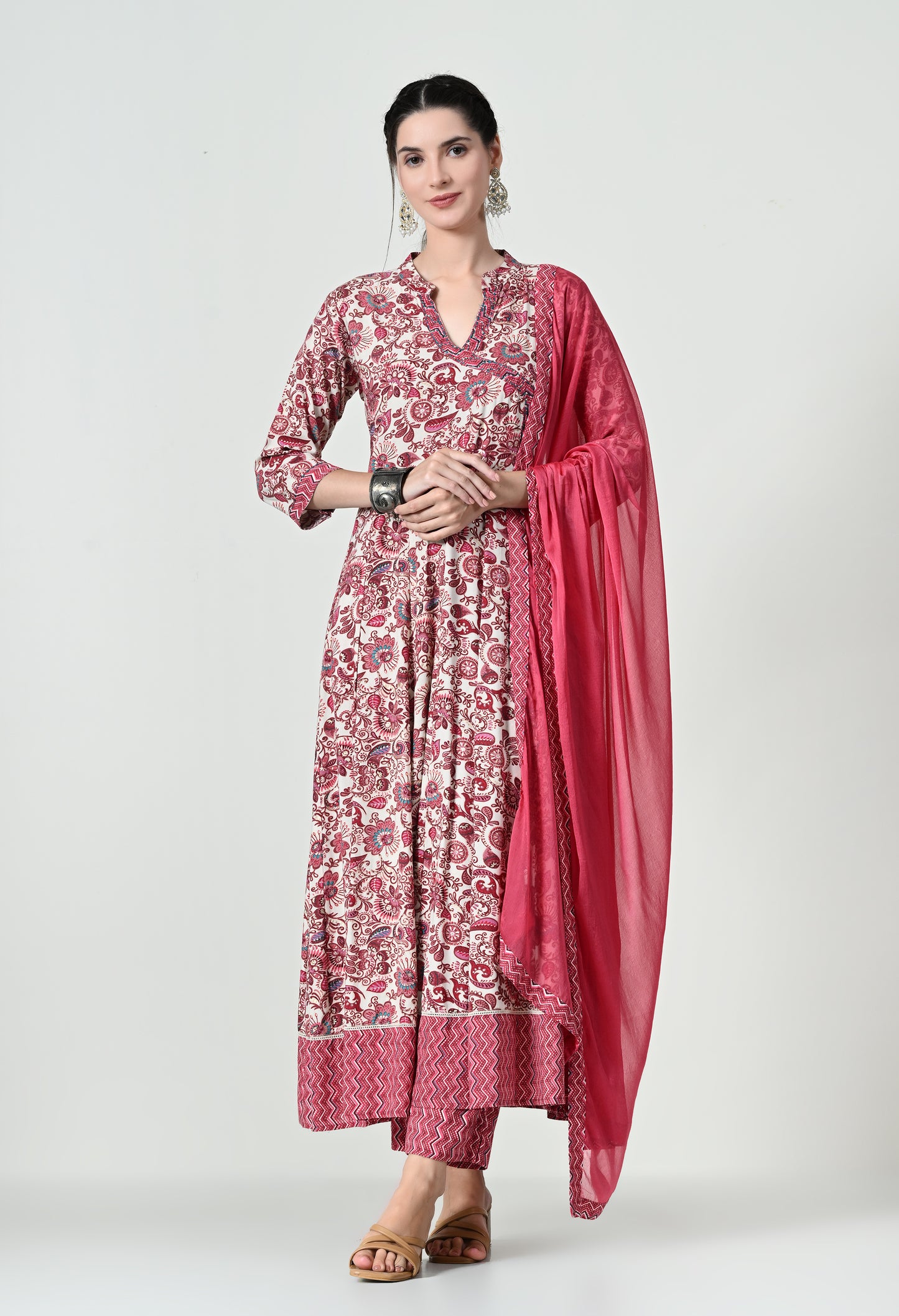 MAURYA Women's Coral Colour Rayon Hand Work Anarkali Fancy Kurta Set with Dupatta (WMKS006)