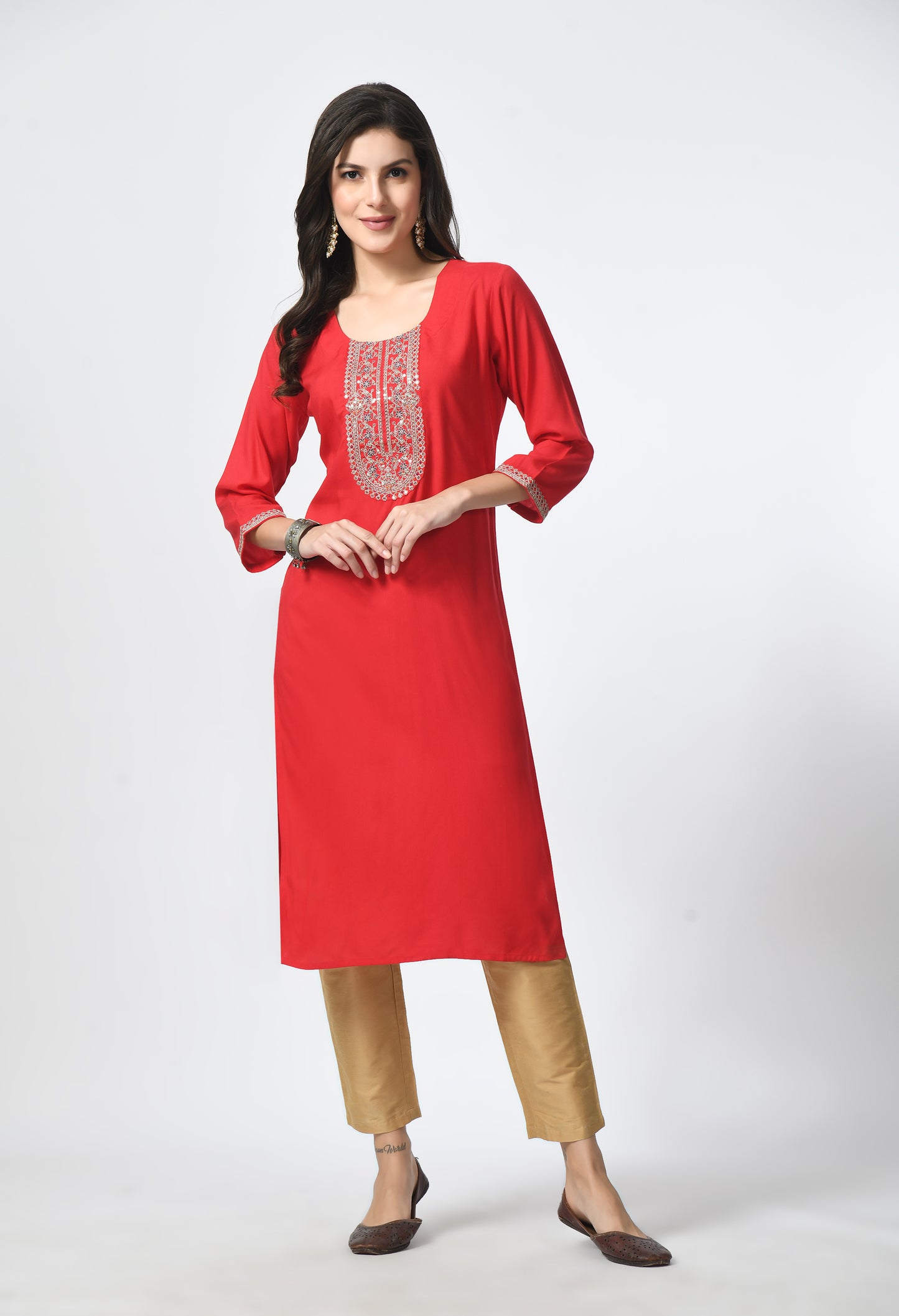 MAURYA Women's Red Rayon Solid Straight Kurta with Computer Embroidery Kurti (MKT116)