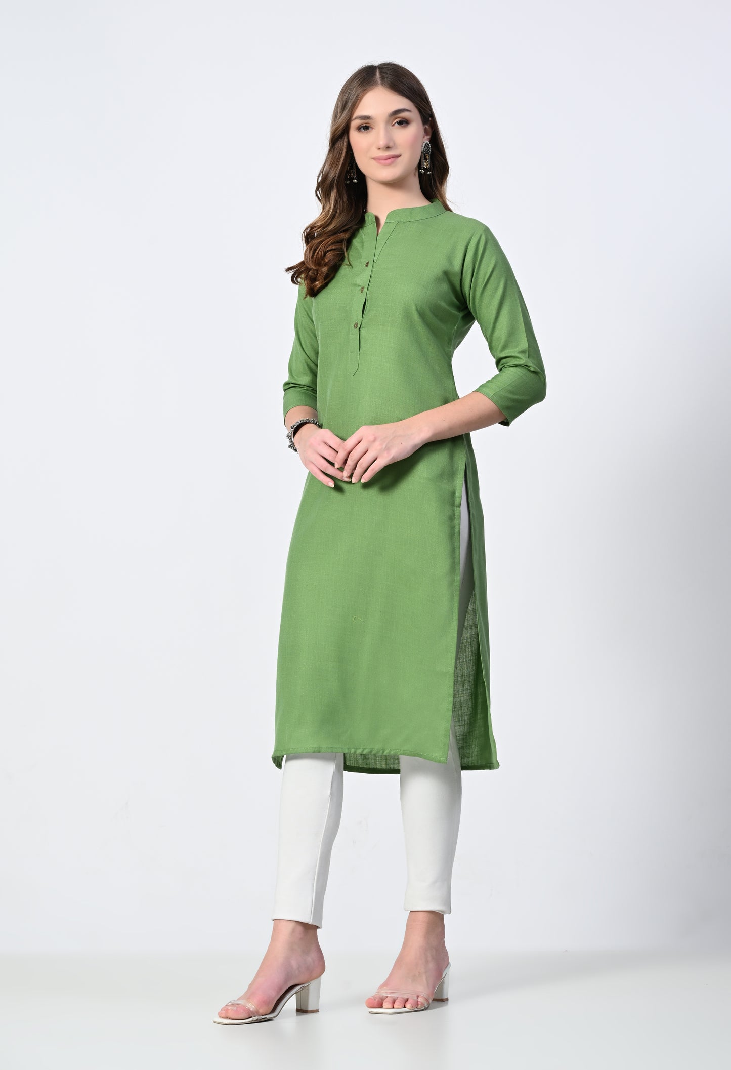 MAURYA Women's Olive Cotton Blend Solid Straight Kurti (MKT144)
