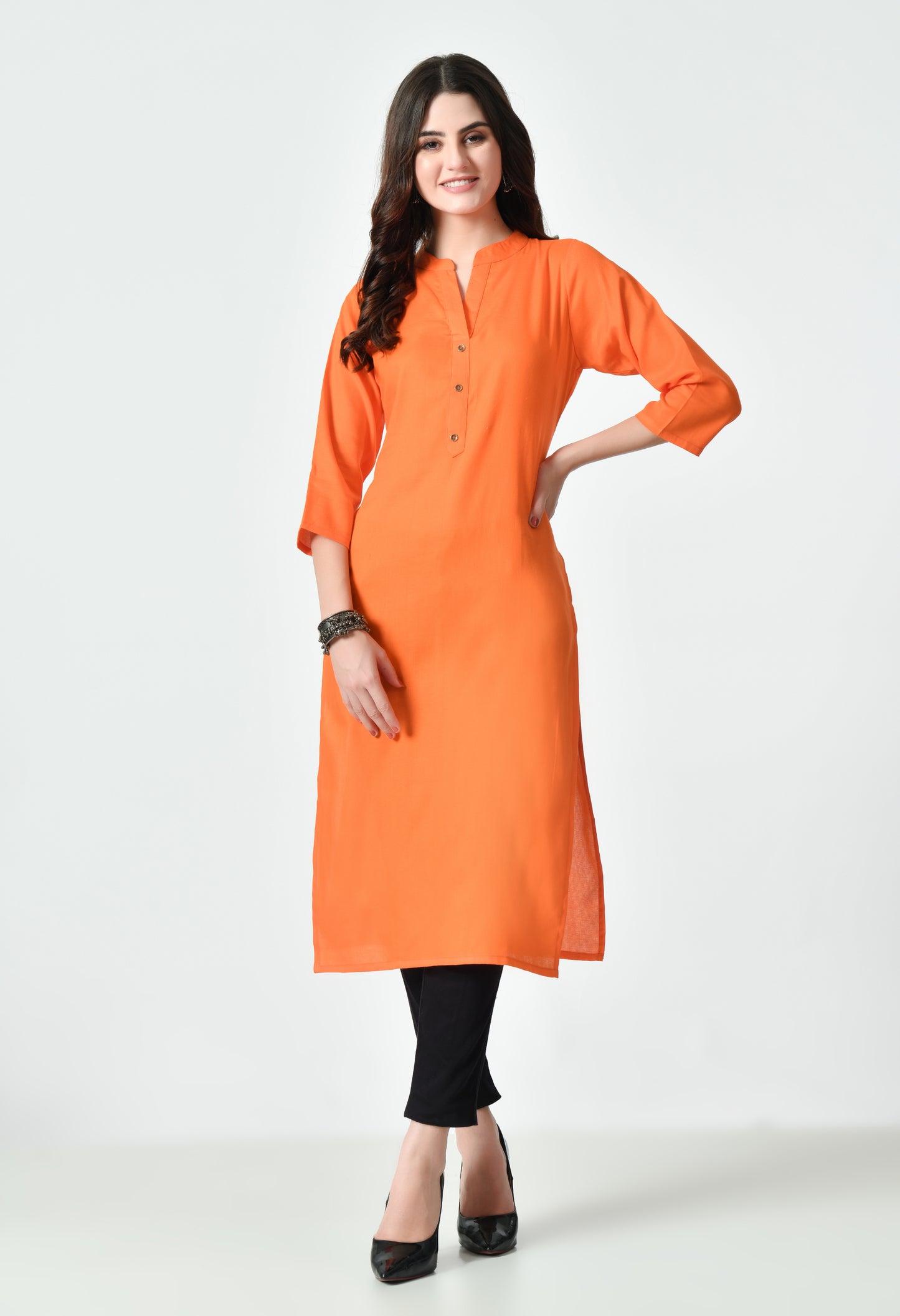 MAURYA Women's Orange Color Solid Cotton Blend Regular Straight Kurti (MKT129)
