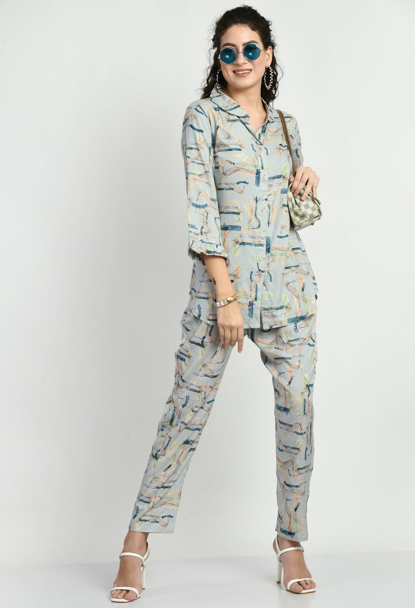 MAURYA Women's Abstract Print Rayon Sky Blue Co-ord Set with 1 Side Pocket (MCS006)