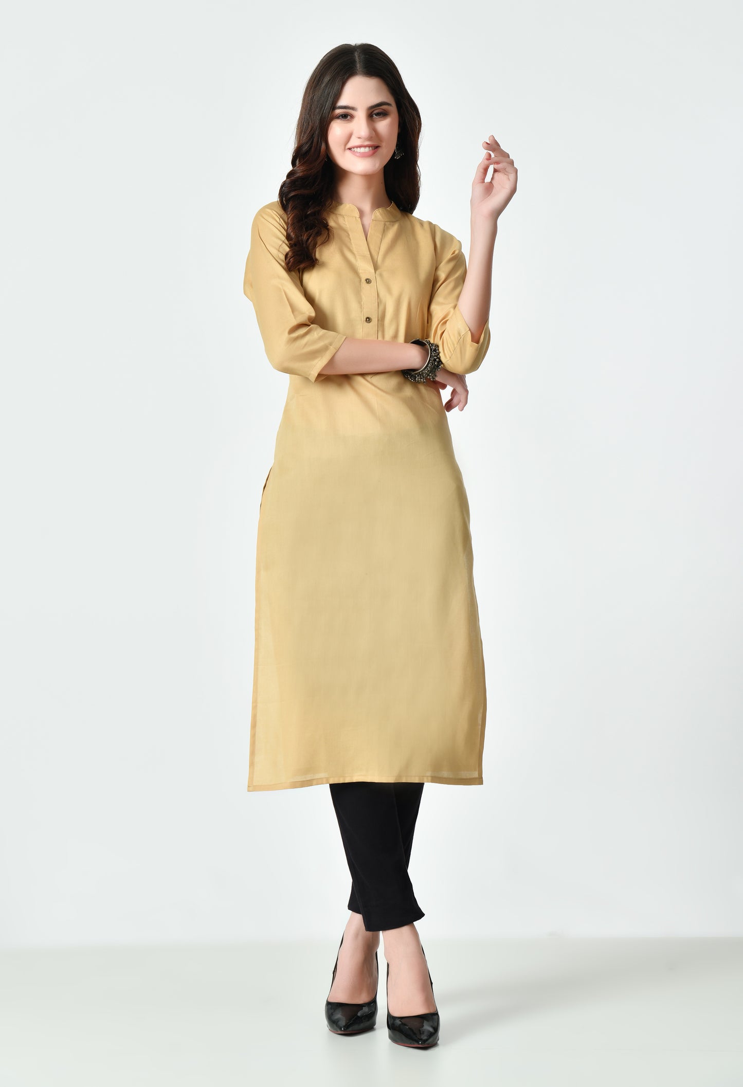 MAURYA Women's Beige Color Solid Cotton Blend Regular Straight Kurti (MKT130)
