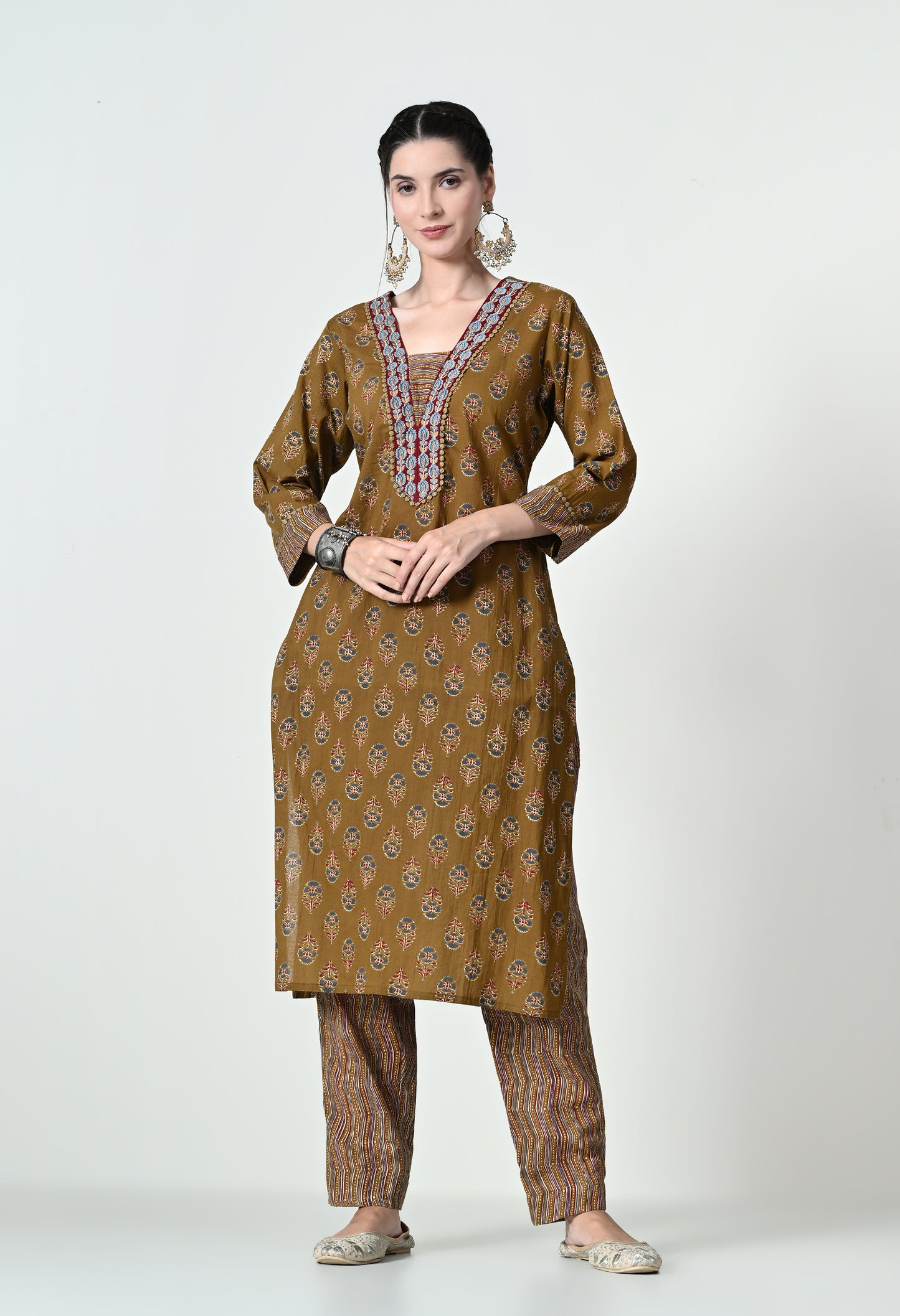MAURYA Women's 100% Cotton Kalamkari Print Mustard Colour Embroidery with Lace Kurta Set with Trendy Dupatta (WMKS003)