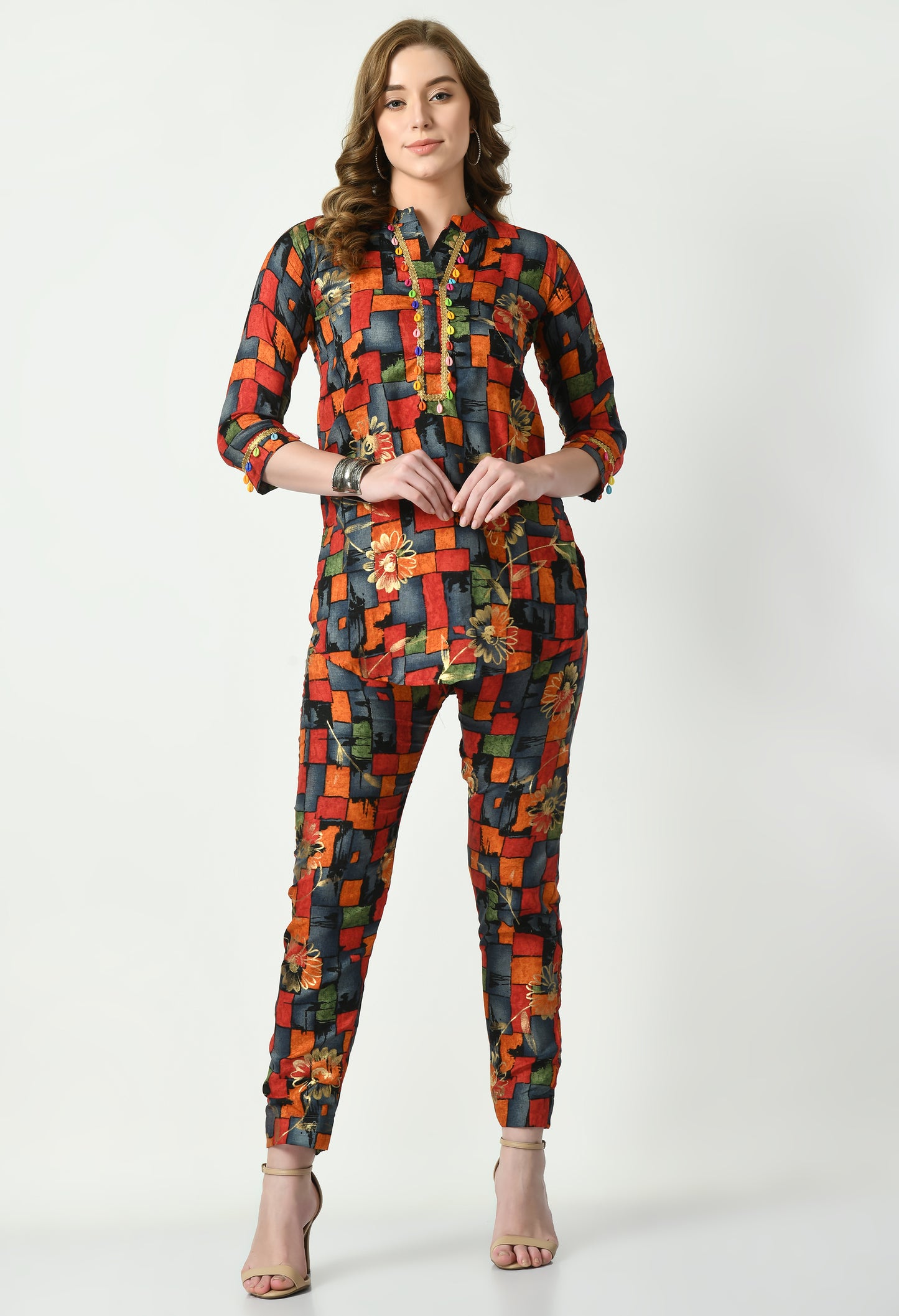 MAURYA Women's Muslin Rust Colour Printed High Neck Kurta Pant Set (MCS046)